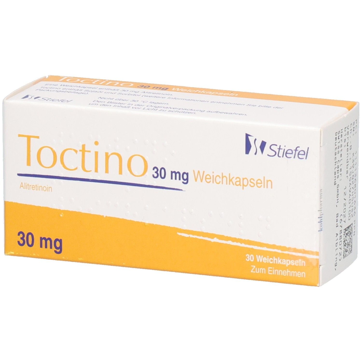 Schachtel mit "Toctino 30 mg Weichkapseln". Gelb-weiße Verpackung. Schriftzug "Toctino" und "30 mg".