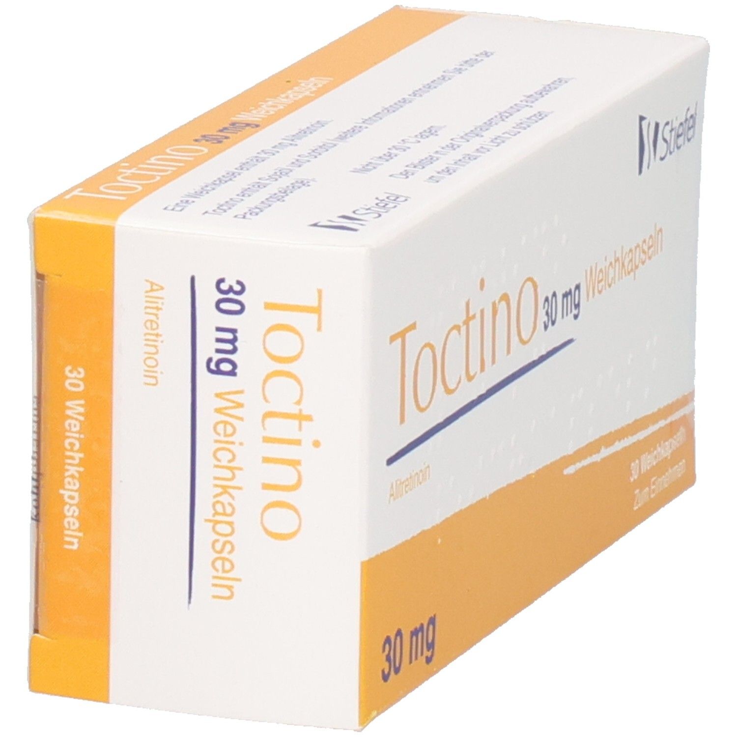 Schachtel "Toctino 30 mg Weichkapseln". Gelb-weiße Verpackung. Schriftzug "Toctino" und "30 mg".