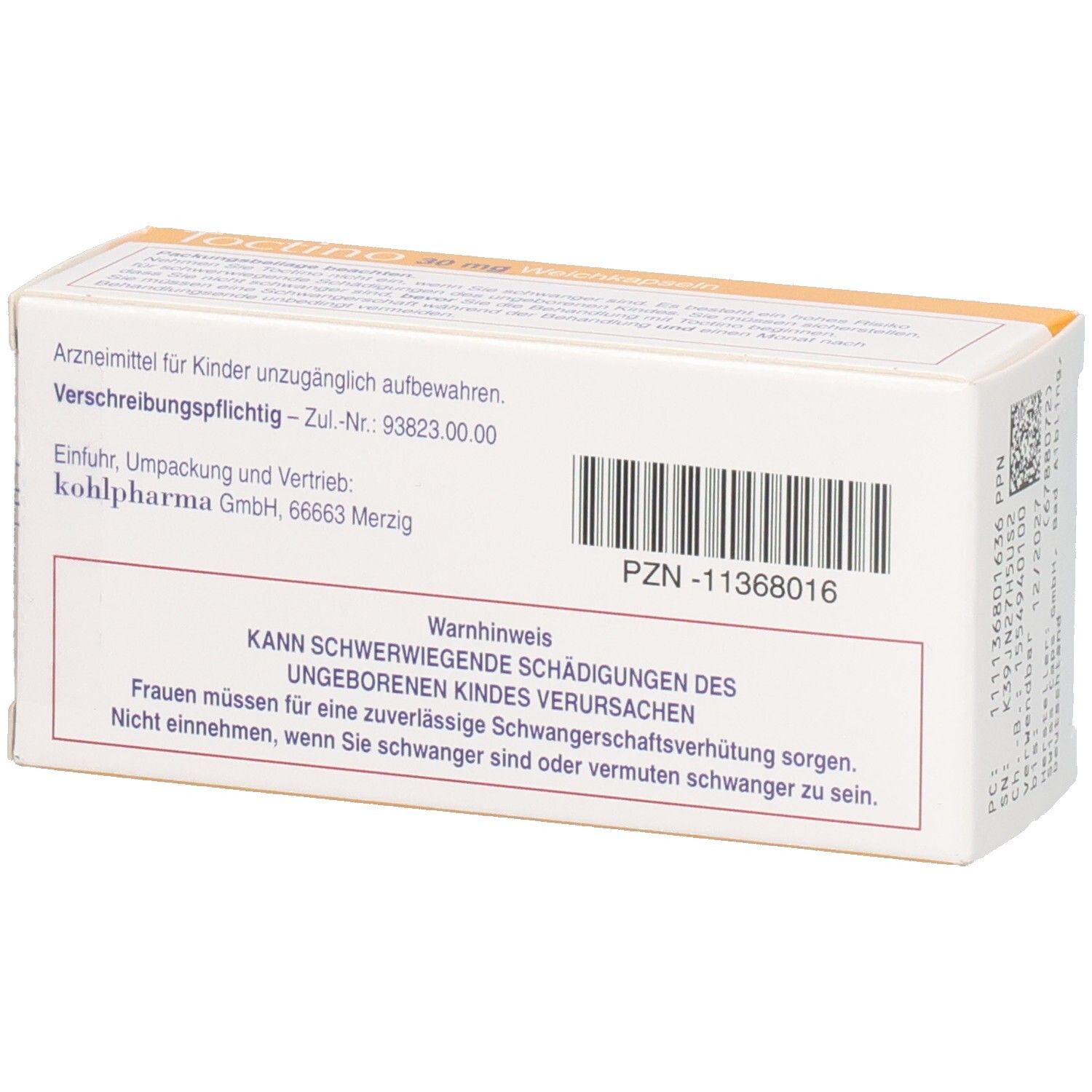 Rückseite der Schachtel "Toctino 30 mg Weichkapseln". Text und Warnhinweise. PZN-11368016.