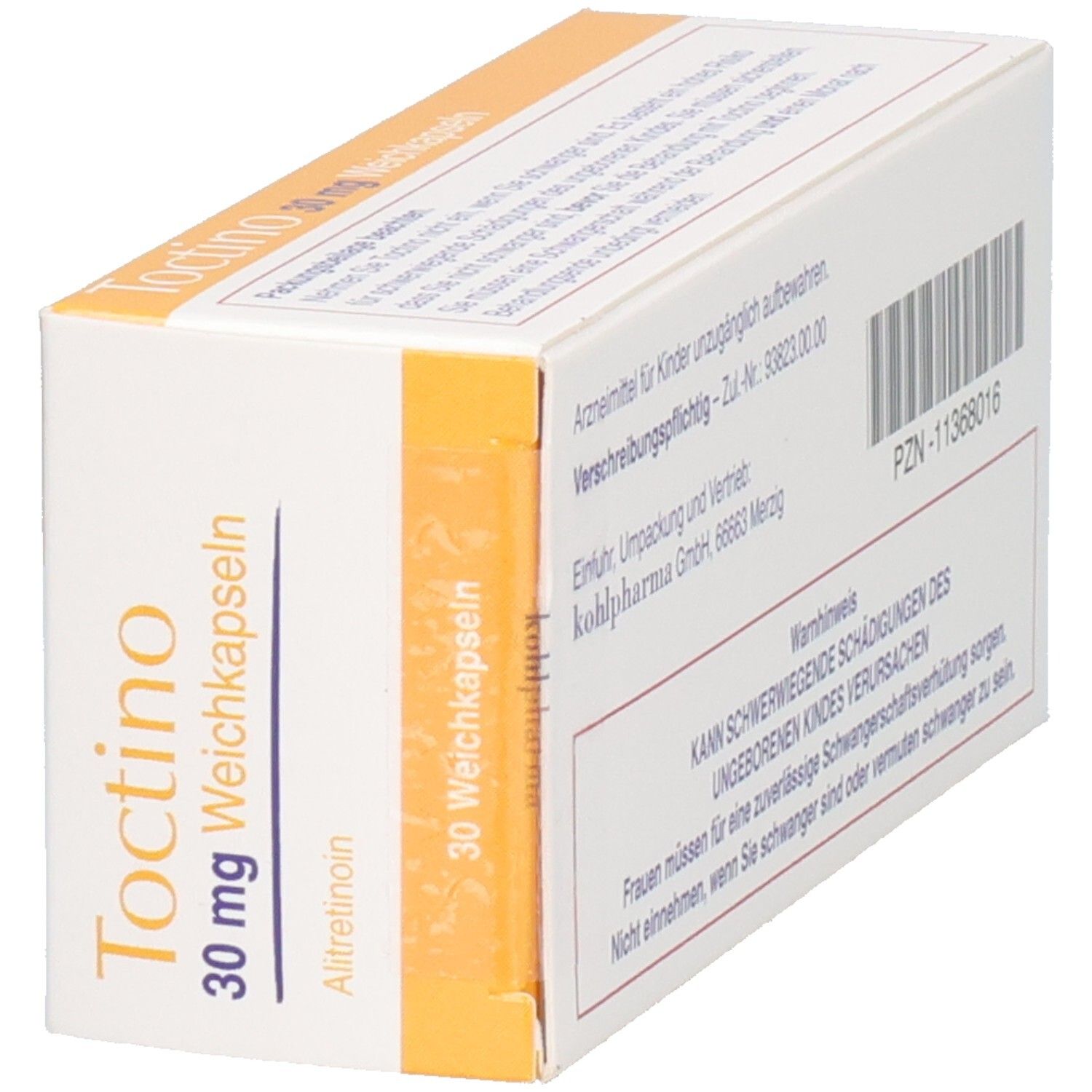 Schachtel "Toctino 30 mg Weichkapseln". Gelb-weiße Verpackung. Text und Warnhinweise. PZN-11368016.