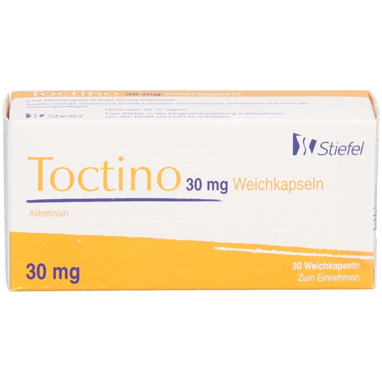 Schachtel "Toctino 30 mg Weichkapseln". Gelb-weiße Verpackung. Schriftzug "Toctino" und "30 mg".
