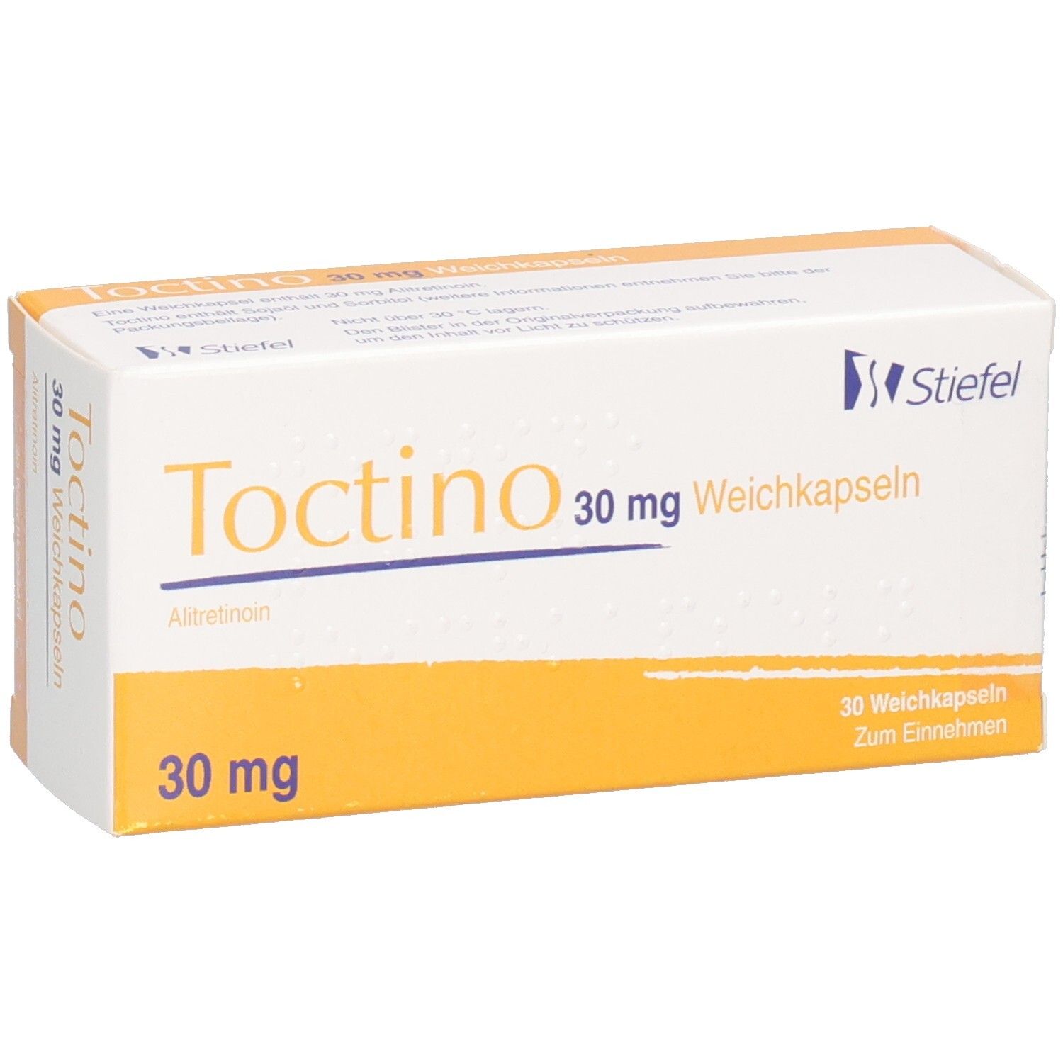 Schachtel "Toctino 30 mg Weichkapseln". Gelb-weiße Verpackung. Schriftzug "Toctino" und "30 mg".