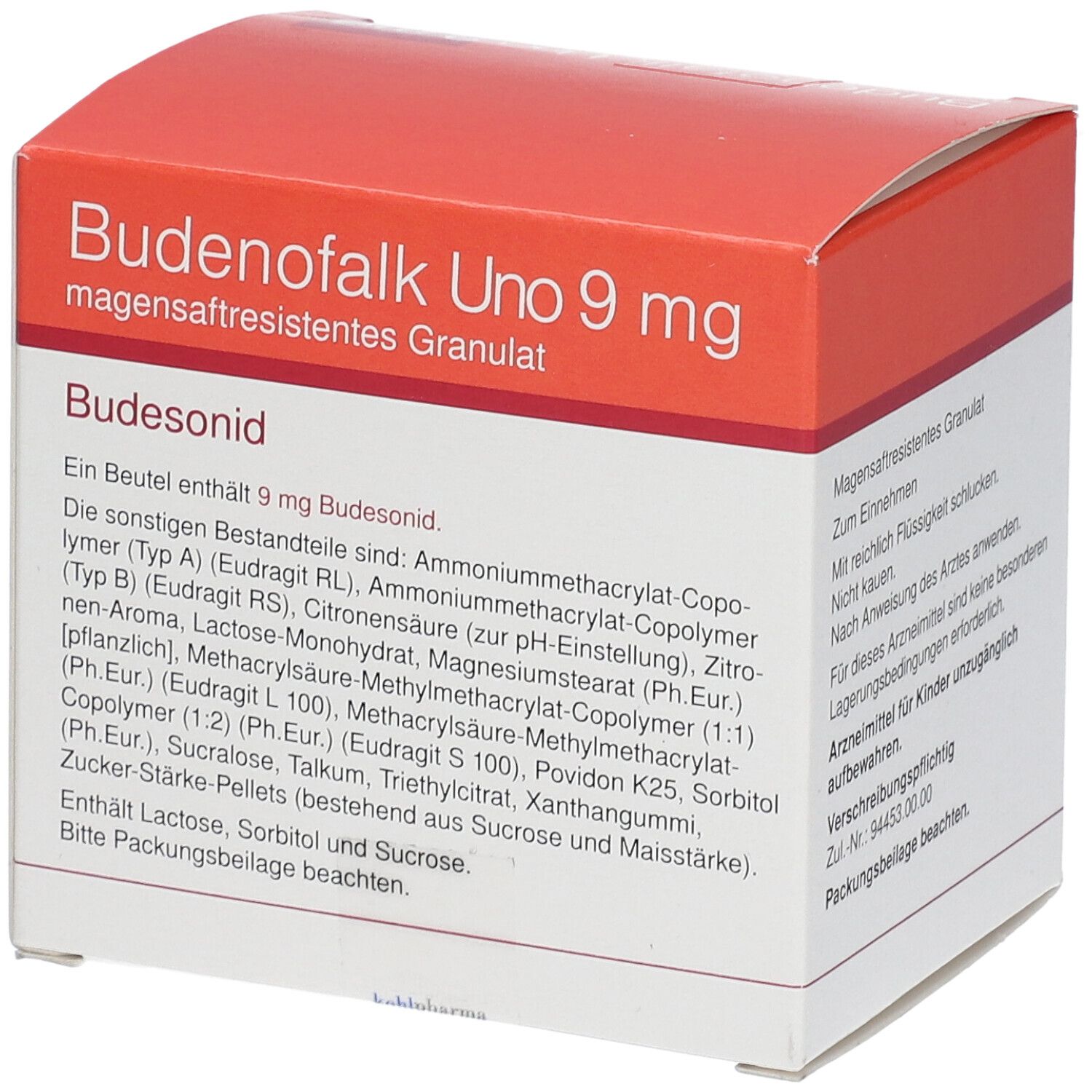 Karton BUDENOFALK Uno 9 mg. Weiße Verpackung mit rotem Deckel. Text: magensaftresistentes Granulat, Budesonid. Inhaltsstoffe aufgelistet.