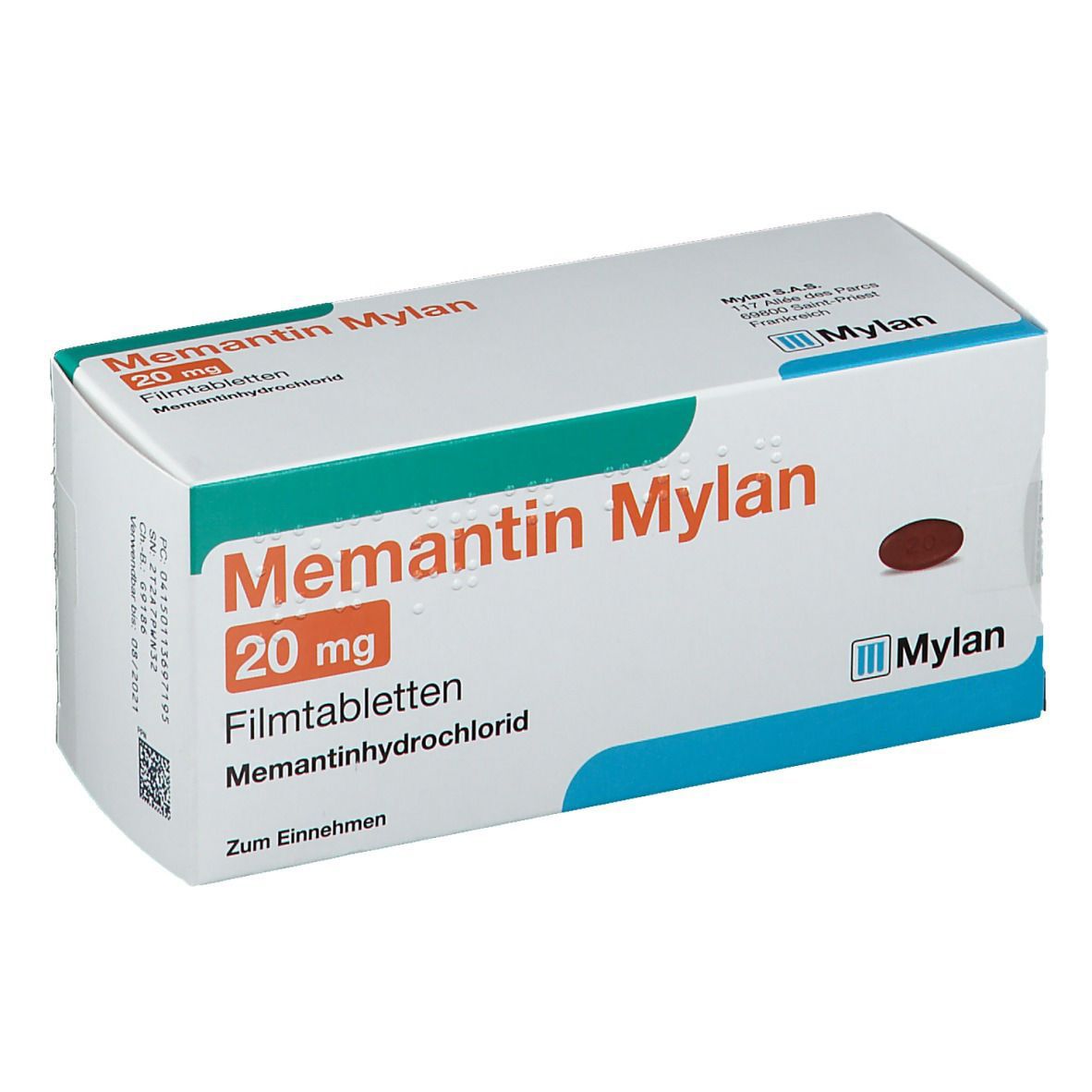 Schachtel mit Memantin Mylan 20 mg Filmtabletten. Weiß, mit grünen und roten Akzenten. Aufschrift "Memantin Mylan 20 mg".