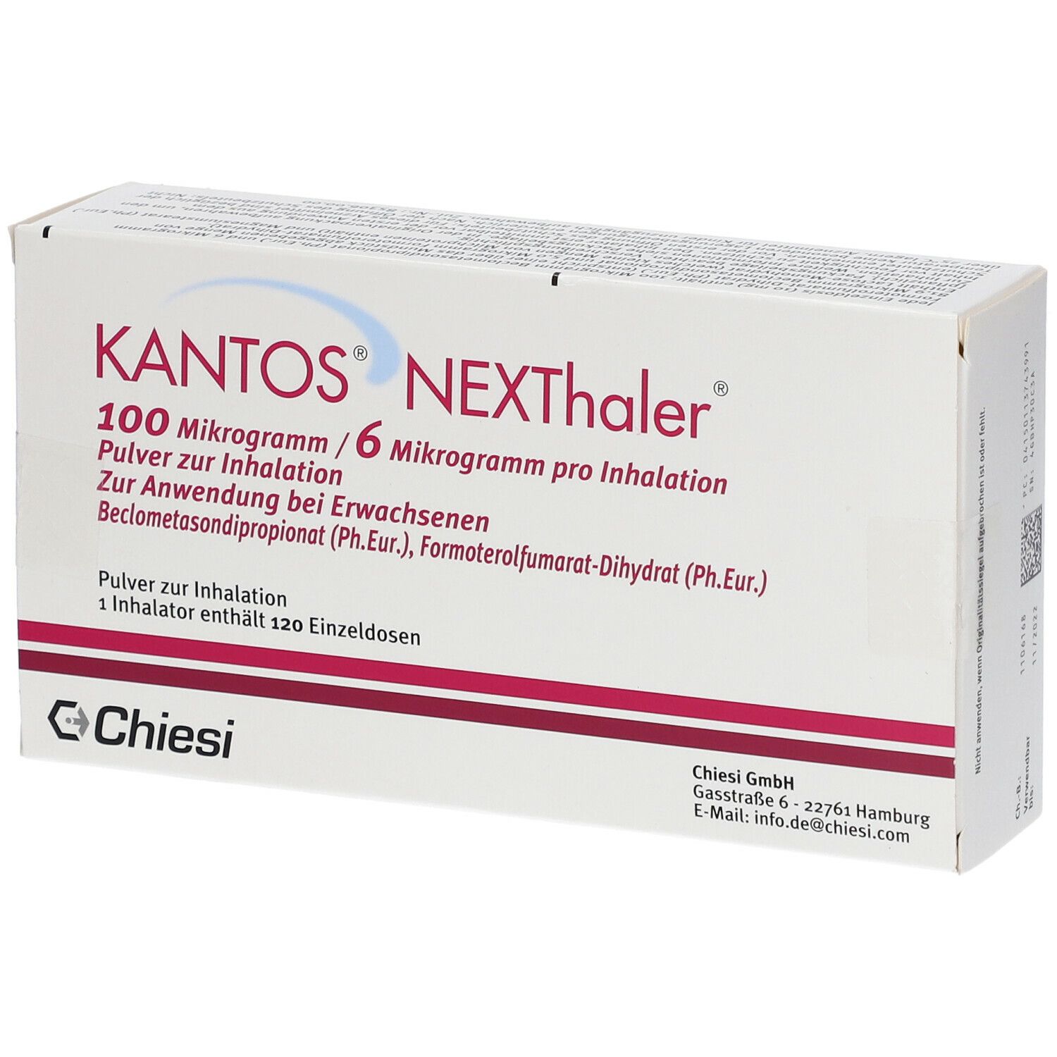 Karton mit Produktaufdruck. Schriftzug: KANTOS NEXThaler 100 Mikrogramm / 6 Mikrogramm pro Inhalation. Enthält 120 Einzeldosen. Marke Chiesi.