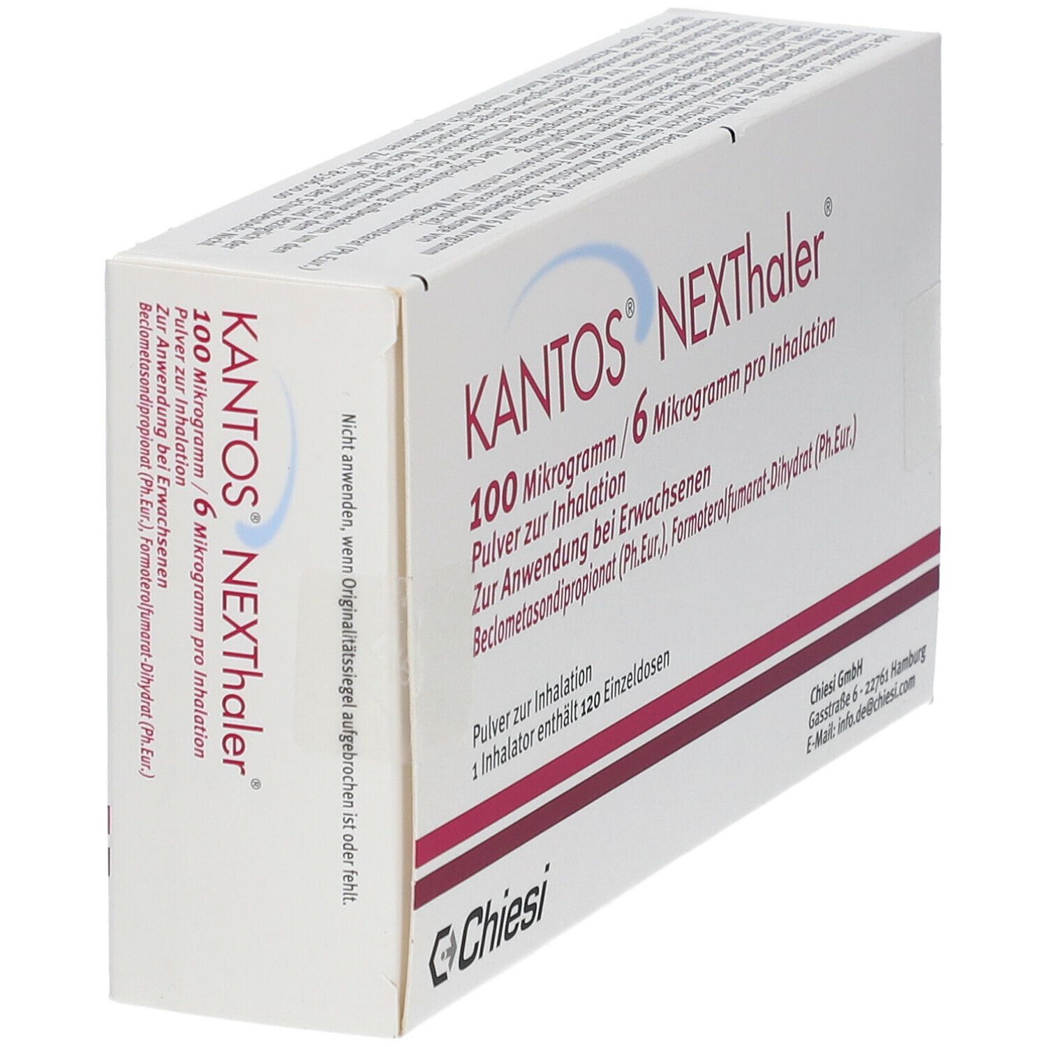 Schräg gestellte Produktverpackung. Aufdruck: KANTOS NEXThaler 100 Mikrogramm / 6 Mikrogramm pro Inhalation. Enthält 120 Einzeldosen. Marke Chiesi.