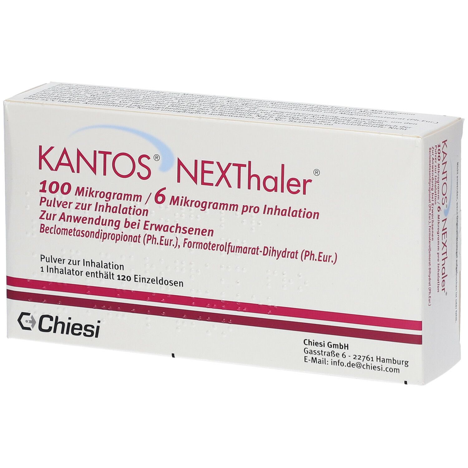 Karton mit Produktaufdruck. Schriftzug: KANTOS NEXThaler 100 Mikrogramm / 6 Mikrogramm pro Inhalation. Enthält 120 Einzeldosen. Marke Chiesi.