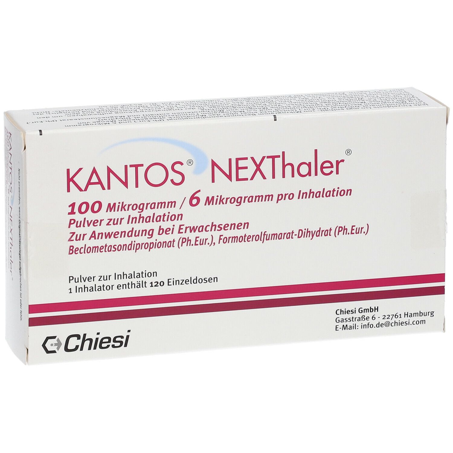 Karton mit Produktaufdruck. Schriftzug: KANTOS NEXThaler 100 Mikrogramm / 6 Mikrogramm pro Inhalation. Enthält 120 Einzeldosen. Marke Chiesi.