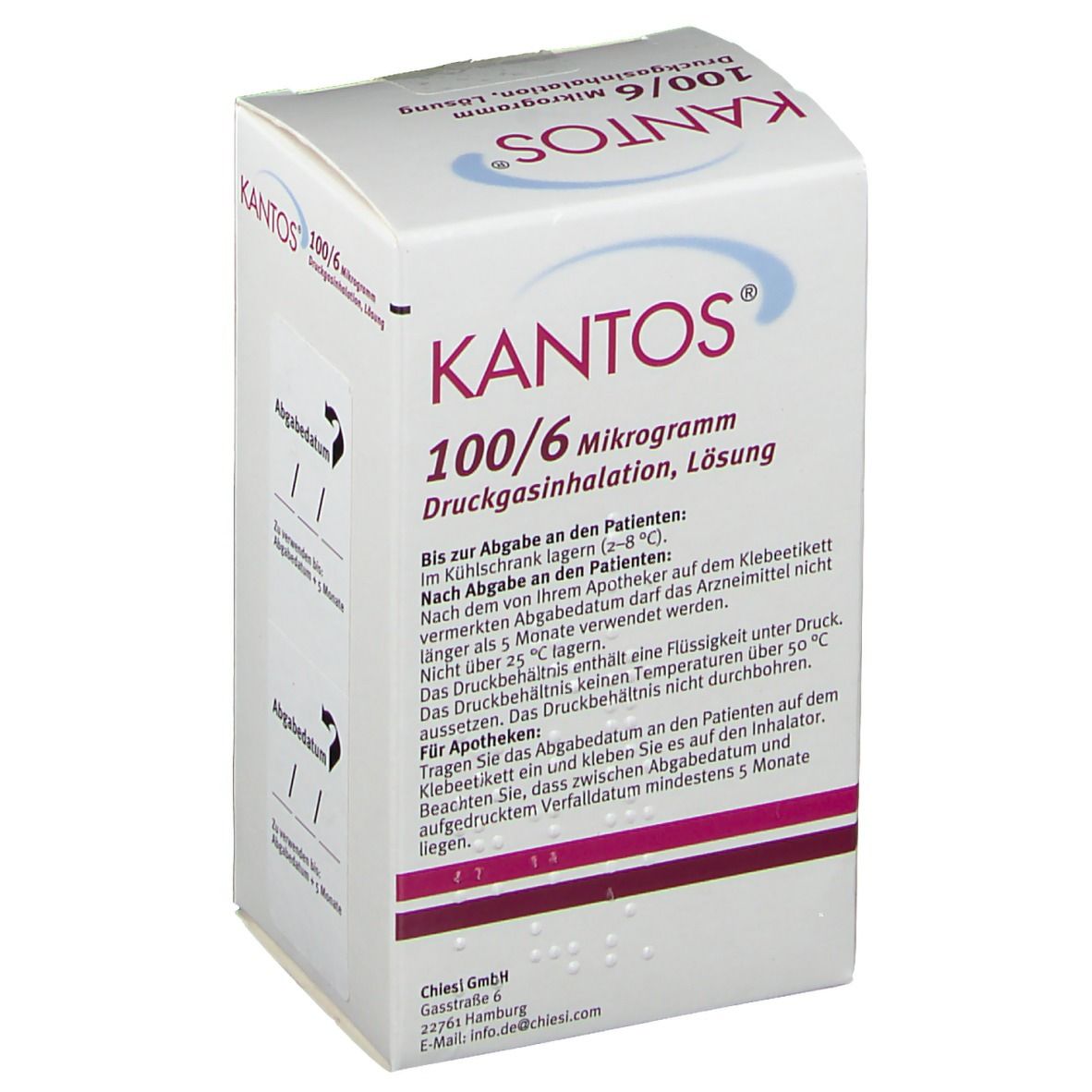 Karton von KANTOS 100/6 Mikrogramm Druckgasinhalation, Lösung. Weißer Karton mit roter und blauer Schrift. Chiesi-Logo.
