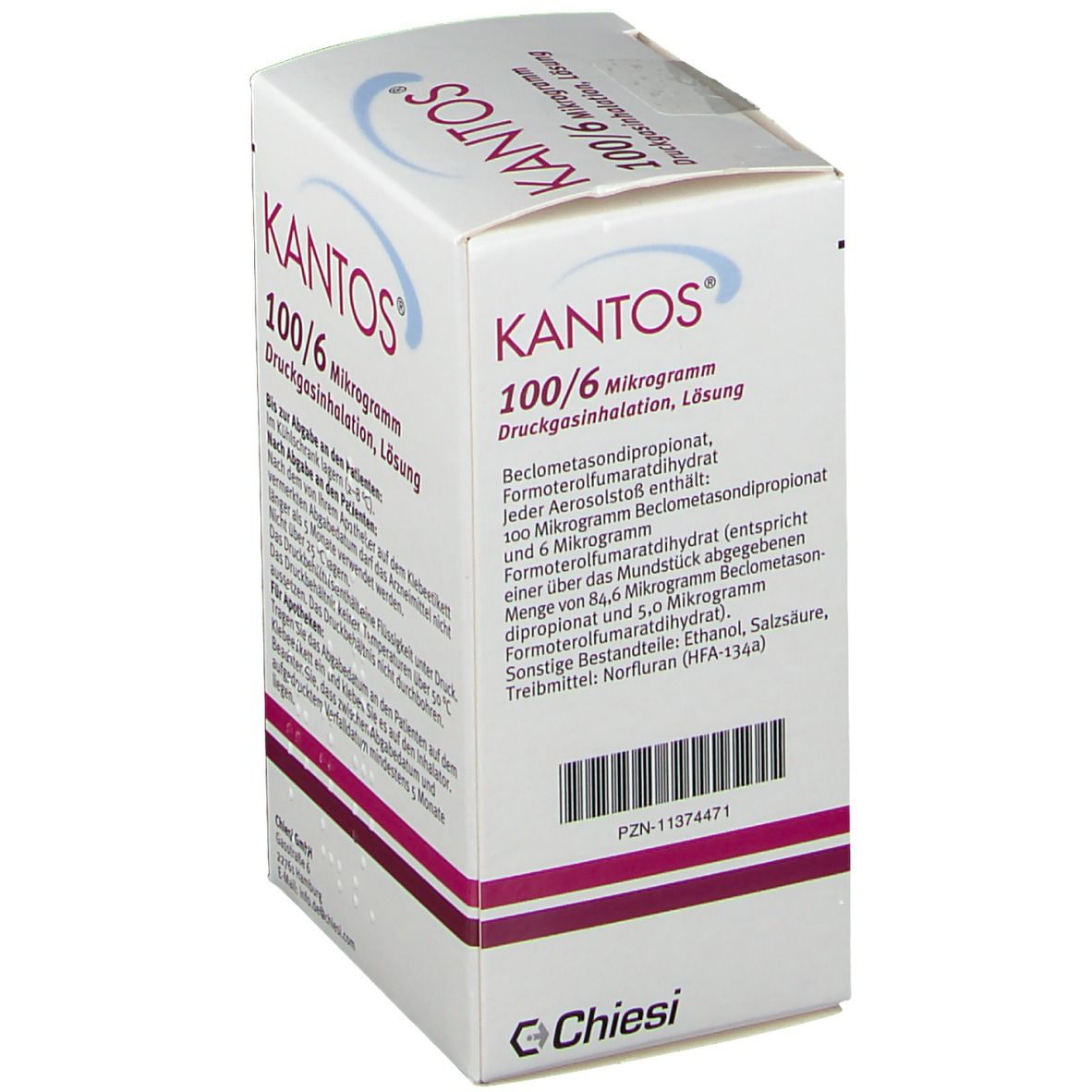 Karton von KANTOS 100/6 Mikrogramm Druckgasinhalation, Lösung. Enthält Wirkstoffe. Weißer Karton mit roter und blauer Schrift. Chiesi-Logo.