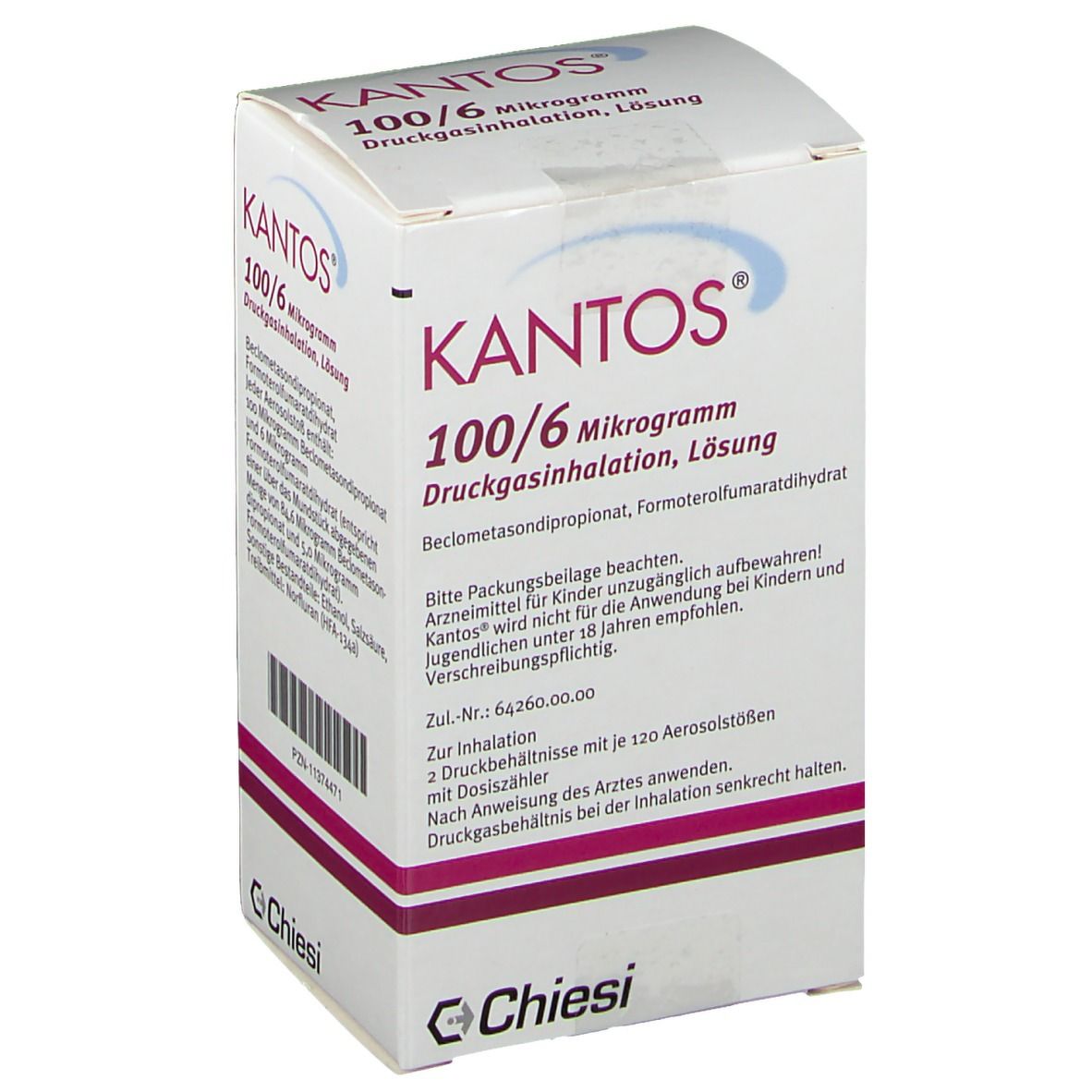 Karton von KANTOS 100/6 Mikrogramm Druckgasinhalation, Lösung. Enthält Informationen zur Anwendung. Weißer Karton mit roter und blauer Schrift. Chiesi-Logo.