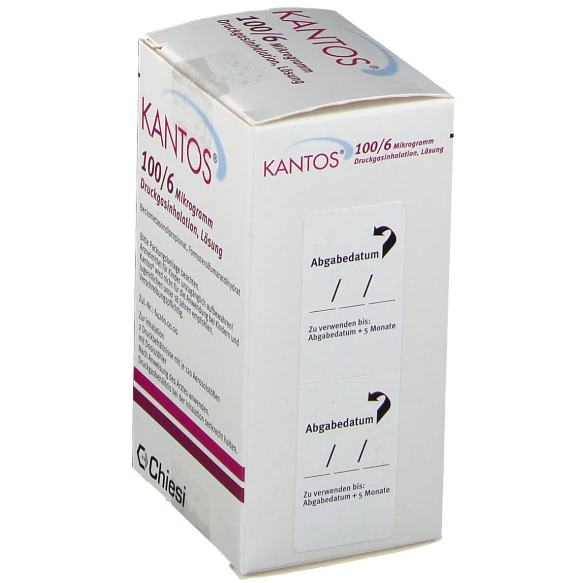 Karton von KANTOS 100/6 Mikrogramm Druckgasinhalation, Lösung. Zeigt das Verfallsdatum. Weißer Karton mit roter und blauer Schrift. Chiesi-Logo.