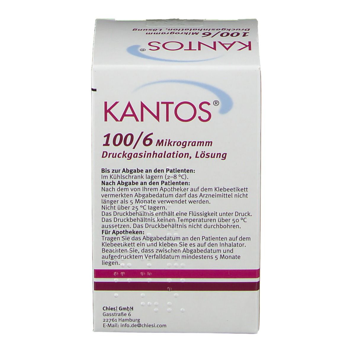 Karton von KANTOS 100/6 Mikrogramm Druckgasinhalation, Lösung. Enthält Informationen zur Anwendung. Weißer Karton mit roter und blauer Schrift. Chiesi-Logo.
