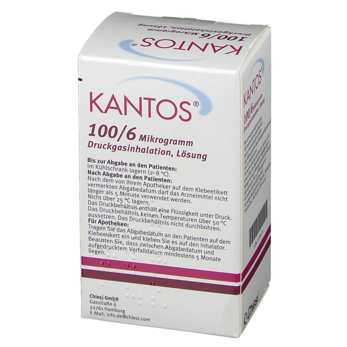 Karton von KANTOS 100/6 Mikrogramm Druckgasinhalation, Lösung. Weißer Karton mit roter und blauer Schrift. Chiesi-Logo.