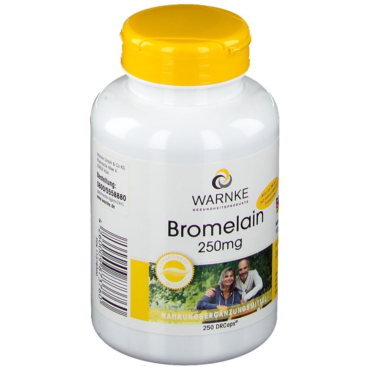 Weiße Flasche mit gelbem Deckel. Aufschrift: Warnke Bromelain 250mg. Enthält 250 DRcaps. Mit Bild von Paar.