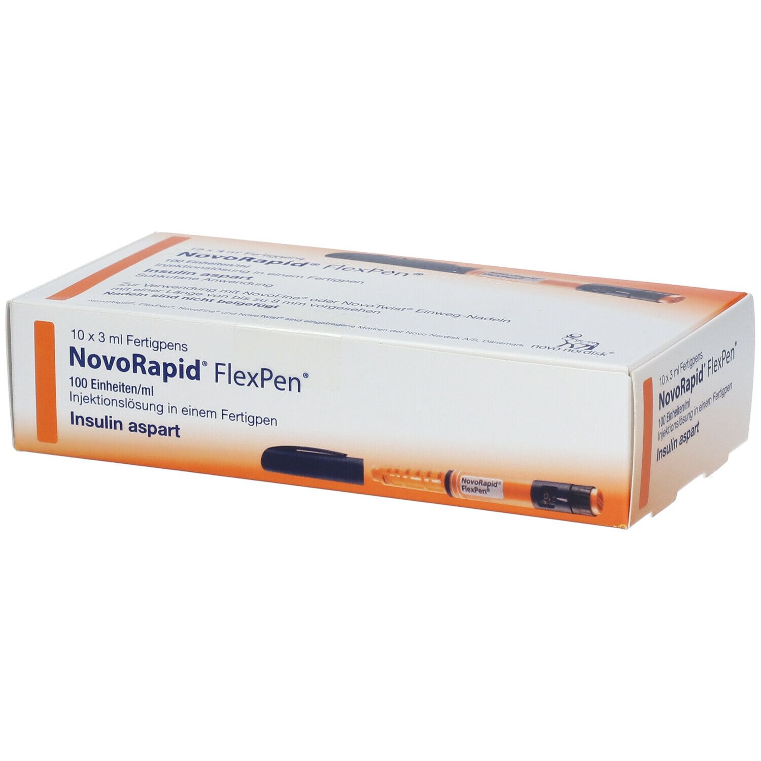 Verpackung von NovoRapid FlexPen. Enthält 10 Fertigpens. Aufschrift: Insulin aspart. Orangefarbener Stift abgebildet.