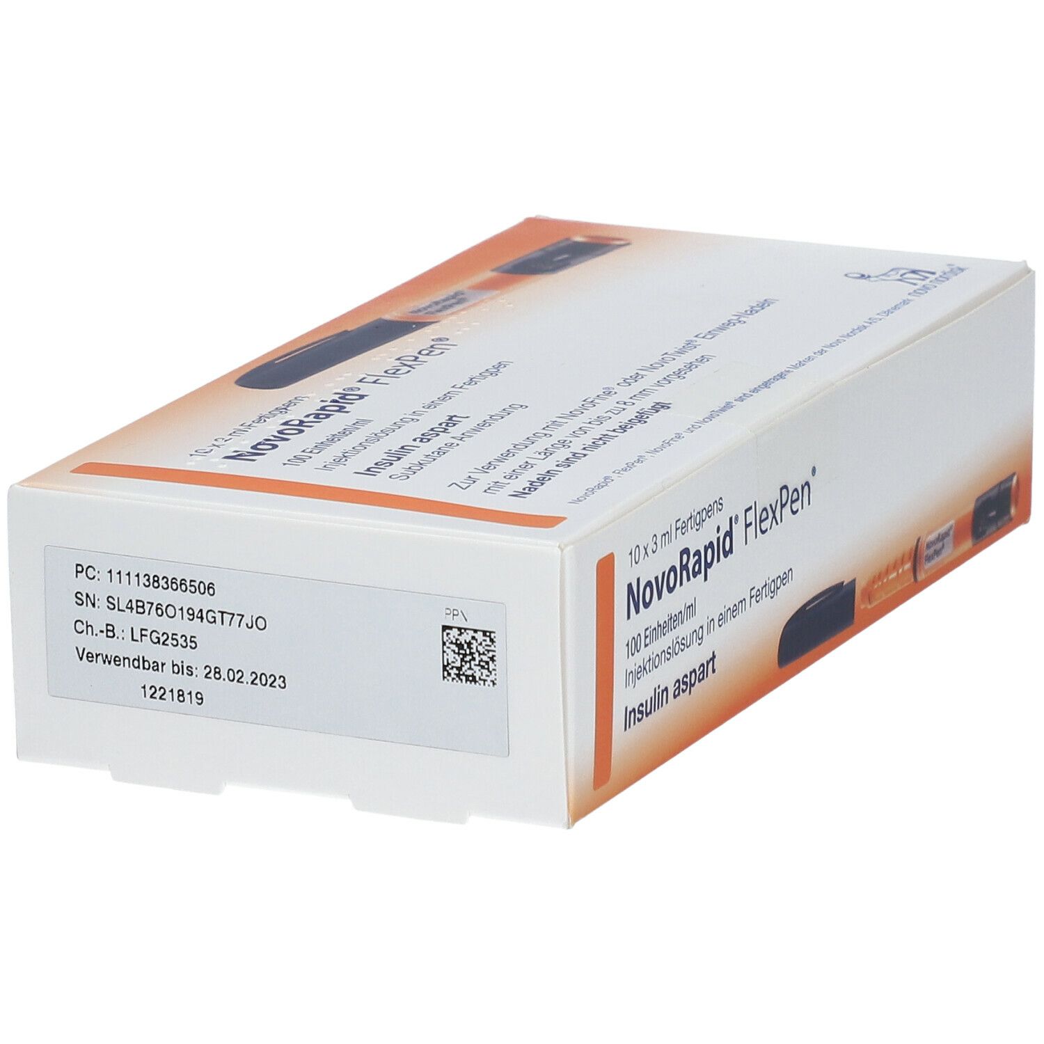 Verpackung von NovoRapid FlexPen. Enthält 10 Fertigpens. Aufschrift: Insulin aspart. Etikett mit Informationen.