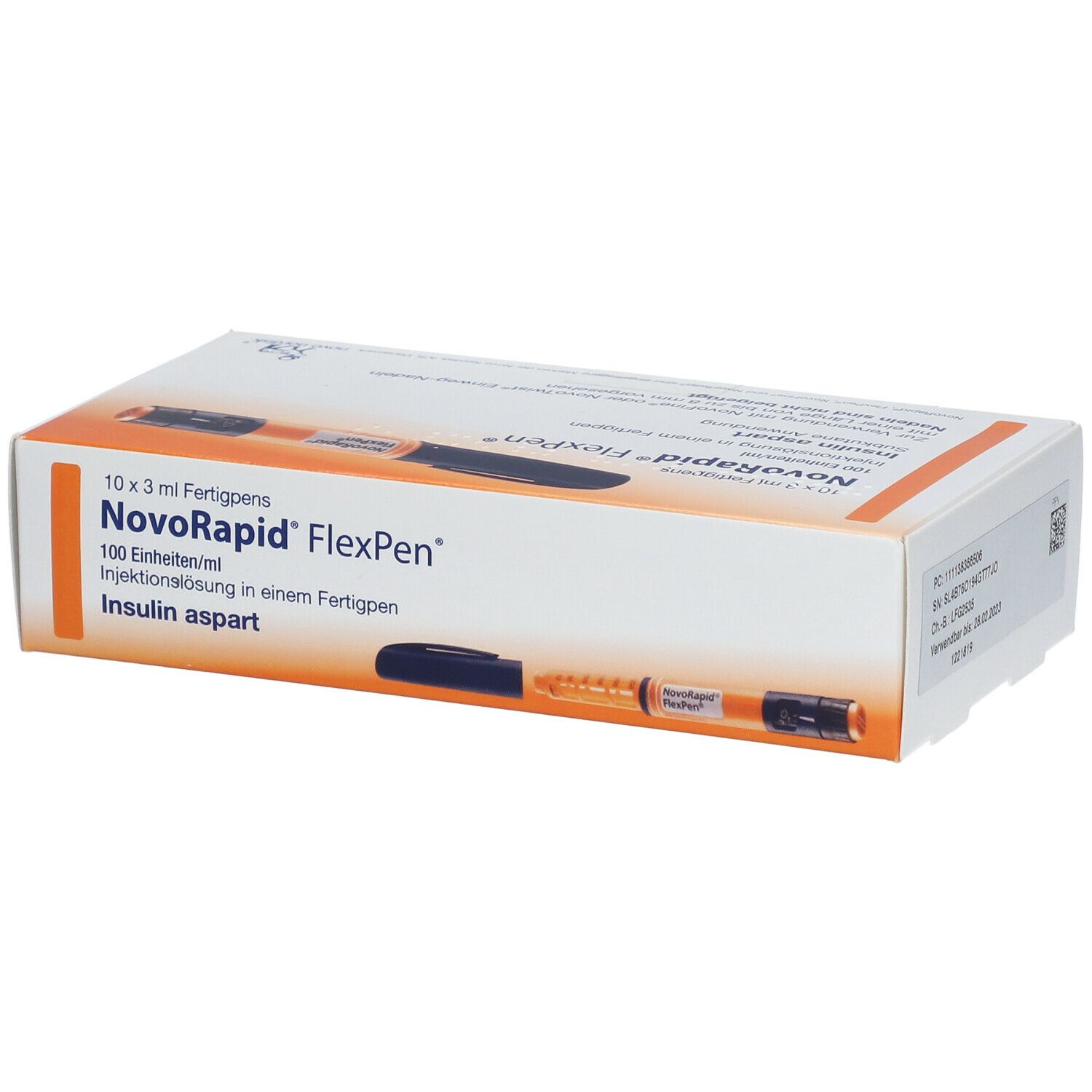 Verpackung von NovoRapid FlexPen. Enthält 10 Fertigpens. Aufschrift: Insulin aspart. Orangefarbener Stift abgebildet.