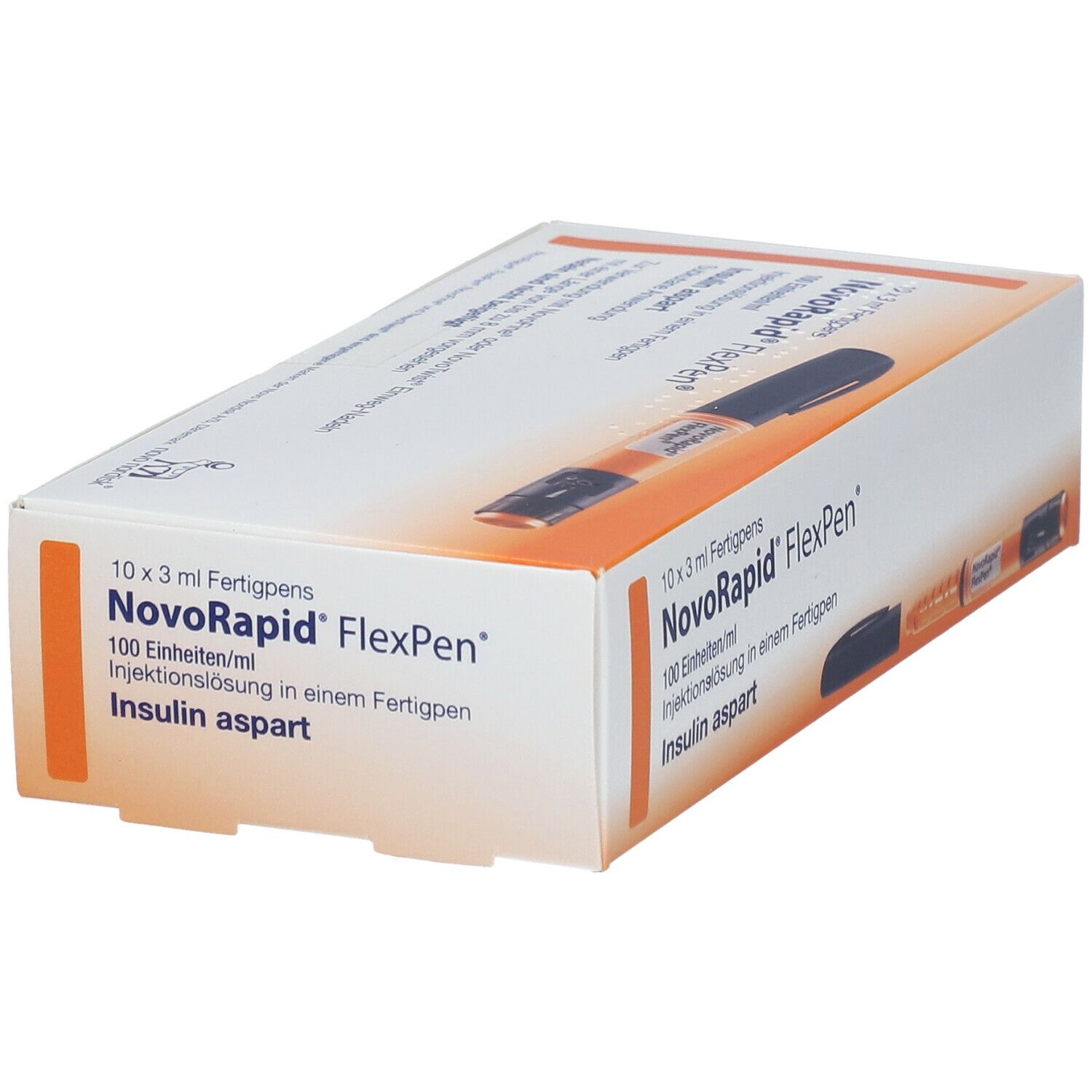 Verpackung von NovoRapid FlexPen. Enthält 10 Fertigpens. Aufschrift: Insulin aspart. Orangefarbener Stift abgebildet.