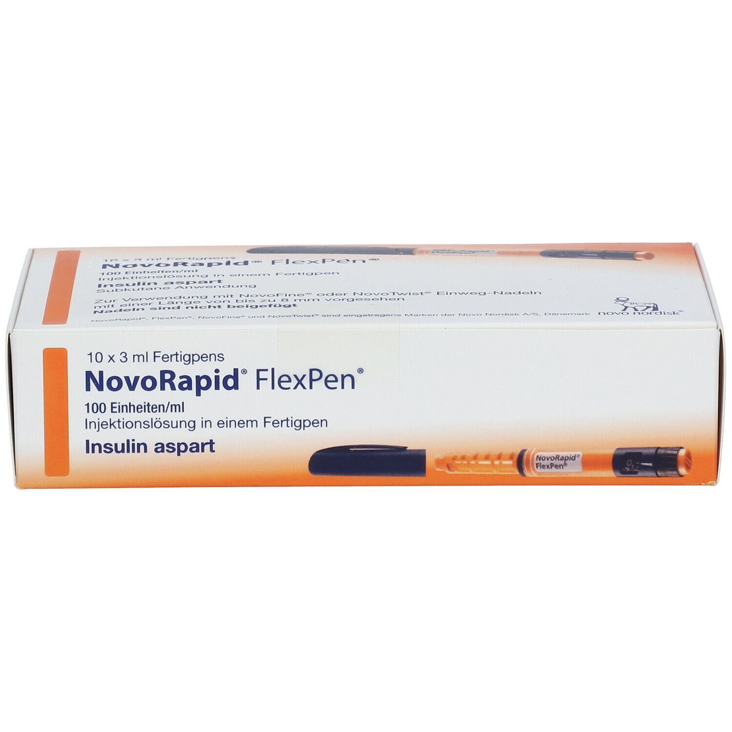 Verpackung von NovoRapid FlexPen. Enthält 10 Fertigpens. Aufschrift: Insulin aspart. Orangefarbener Stift abgebildet.