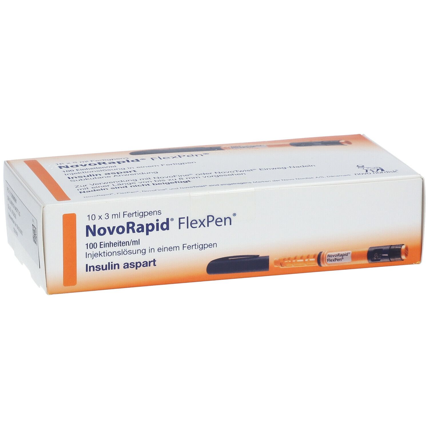 Verpackung von NovoRapid FlexPen. Enthält 10 Fertigpens. Aufschrift: Insulin aspart. Orangefarbener Stift abgebildet.
