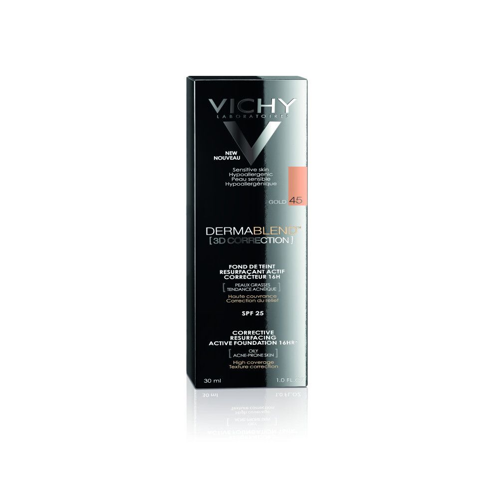 Schwarze Verpackung mit VICHY-Logo. Produktname: Dermablend 3D Correction. Farbton 45 Gold. Mit SPF 25. 30 ml.