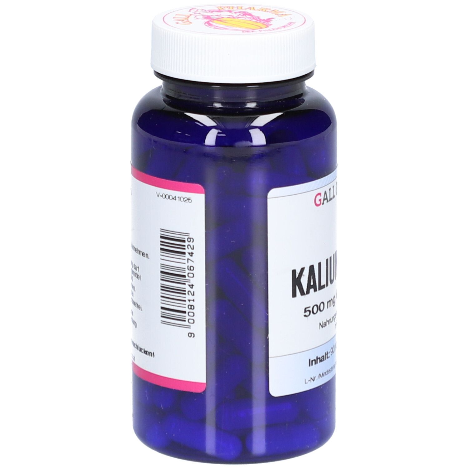 Blaue Flasche mit Kapseln. Aufschrift: Kaliumorotat 500 mg. Hersteller: GPH Kapseln.