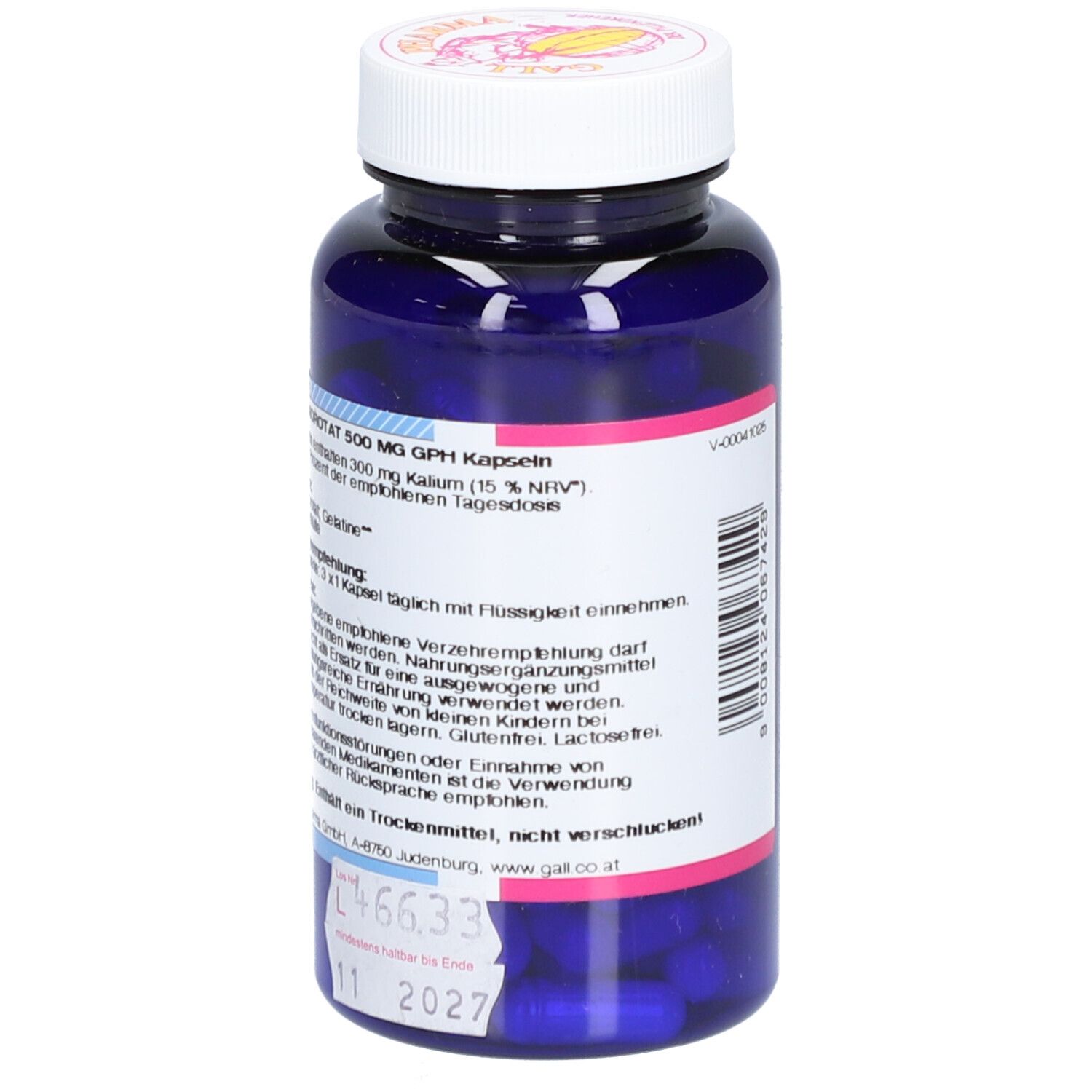 Blaue Flasche mit Kapseln. Etikett mit Produktinformationen. Aufschrift: Kaliumorotat 500 mg GPH Kapseln.