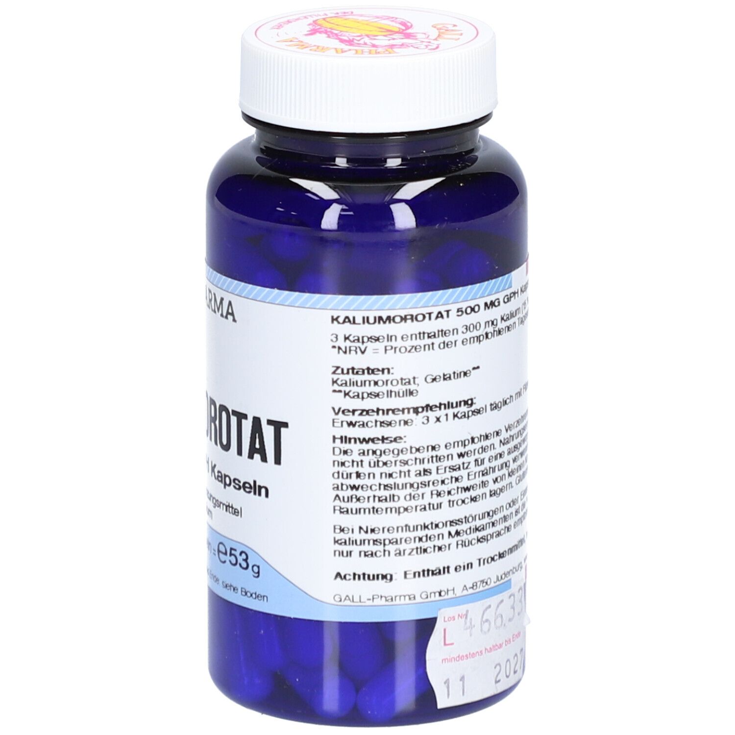 Blaue Flasche mit Kapseln. Etikett mit Produktinformationen. Aufschrift: Kaliumorotat 500 mg GPH Kapseln.