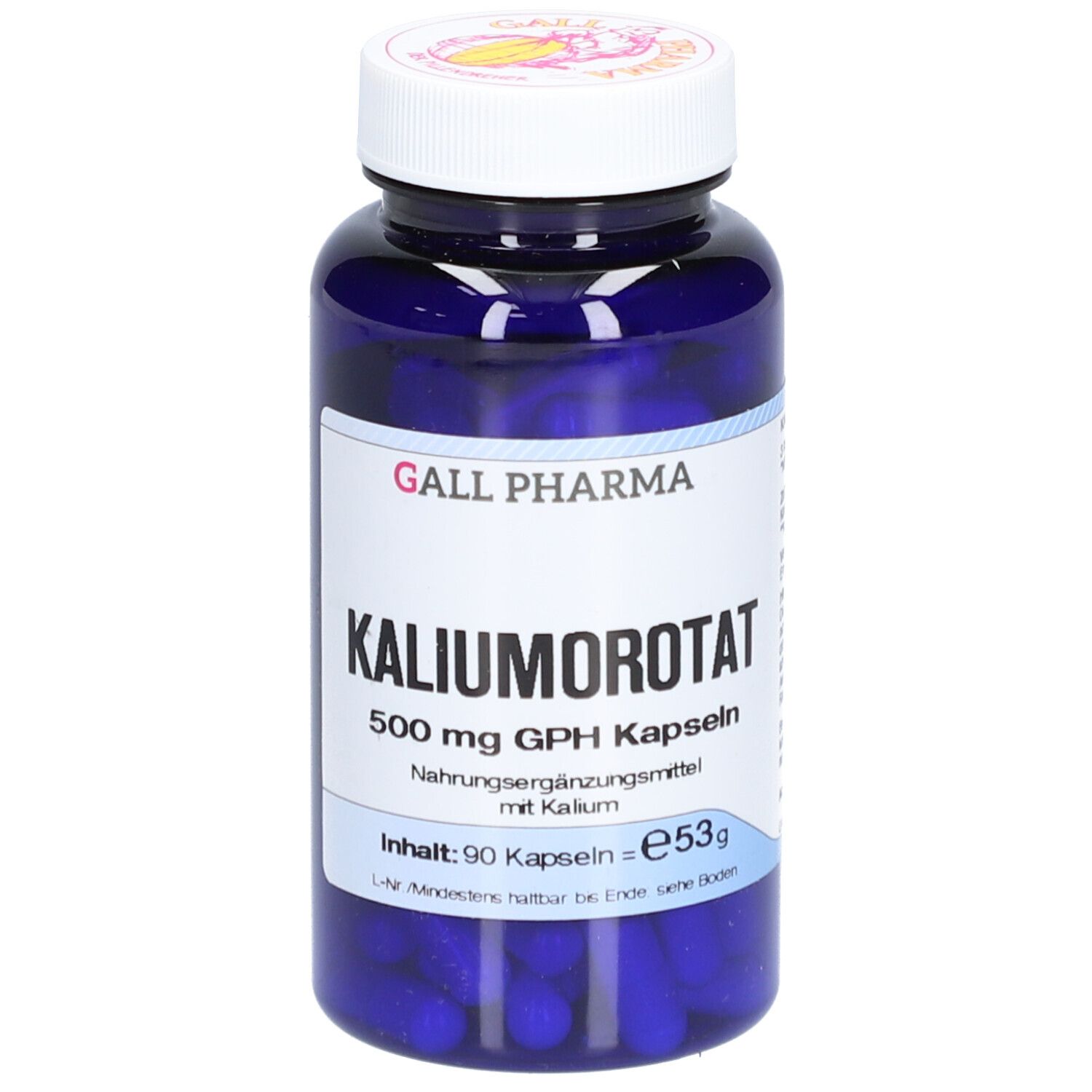Blaue Flasche mit Kapseln. Etikett mit Produktinformationen. Aufschrift: Kaliumorotat 500 mg GPH Kapseln.