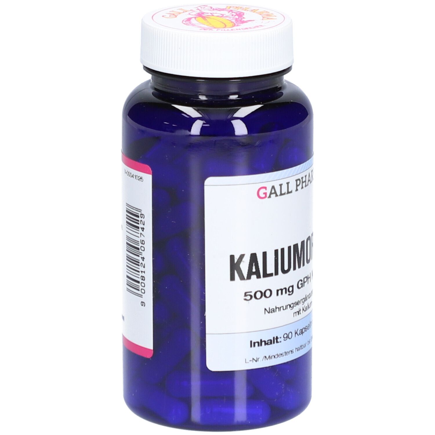 Blaue Flasche mit Kapseln. Etikett mit Produktinformationen. Aufschrift: Kaliumorotat 500 mg GPH Kapseln.