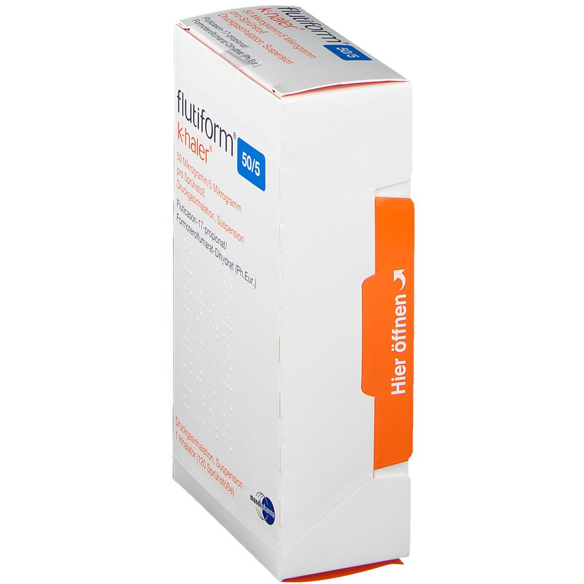 Weißer Karton, seitliche Ansicht. Aufschrift: flutiform® k-haler® 50/5. Orangefarbener Streifen mit „Hier öffnen“-Pfeil.