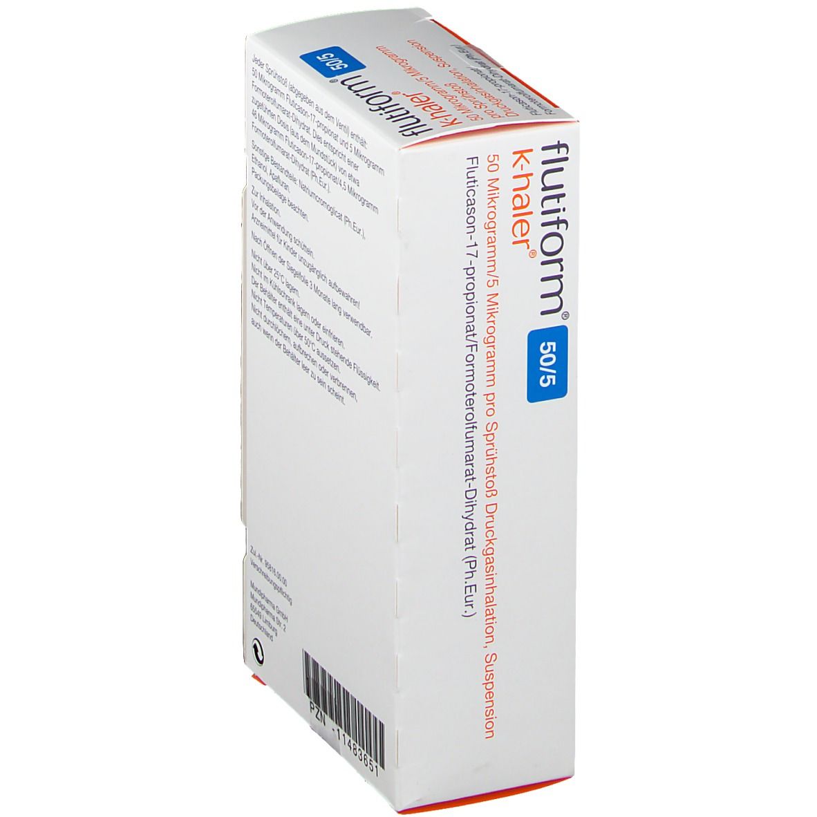 Weißer Karton, schräge Ansicht. Aufschrift: flutiform® k-haler® 50/5. Produktinformationen und Barcode.
