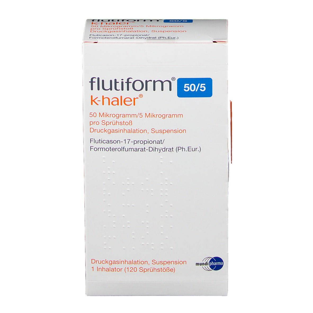 Weißer Karton mit Produktinformationen. Aufschrift: flutiform® k-haler® 50/5. Logo Mundipharma.