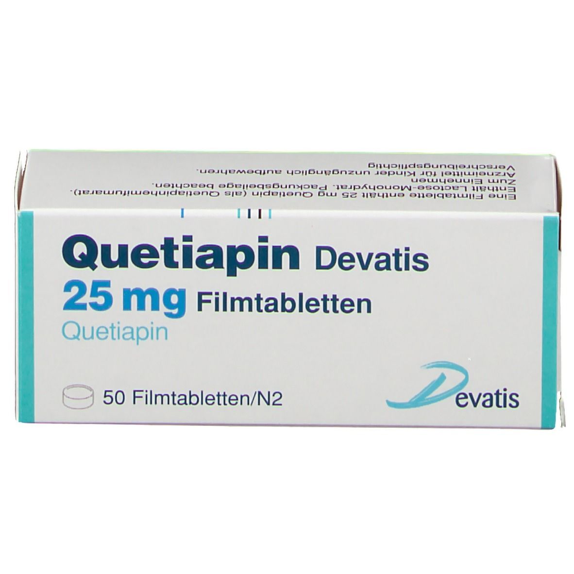 Schachtel "Quetiapin Devatis 25 mg Filmtabletten". Enthält 50 Tabletten. Marke Devatis. Draufsicht.