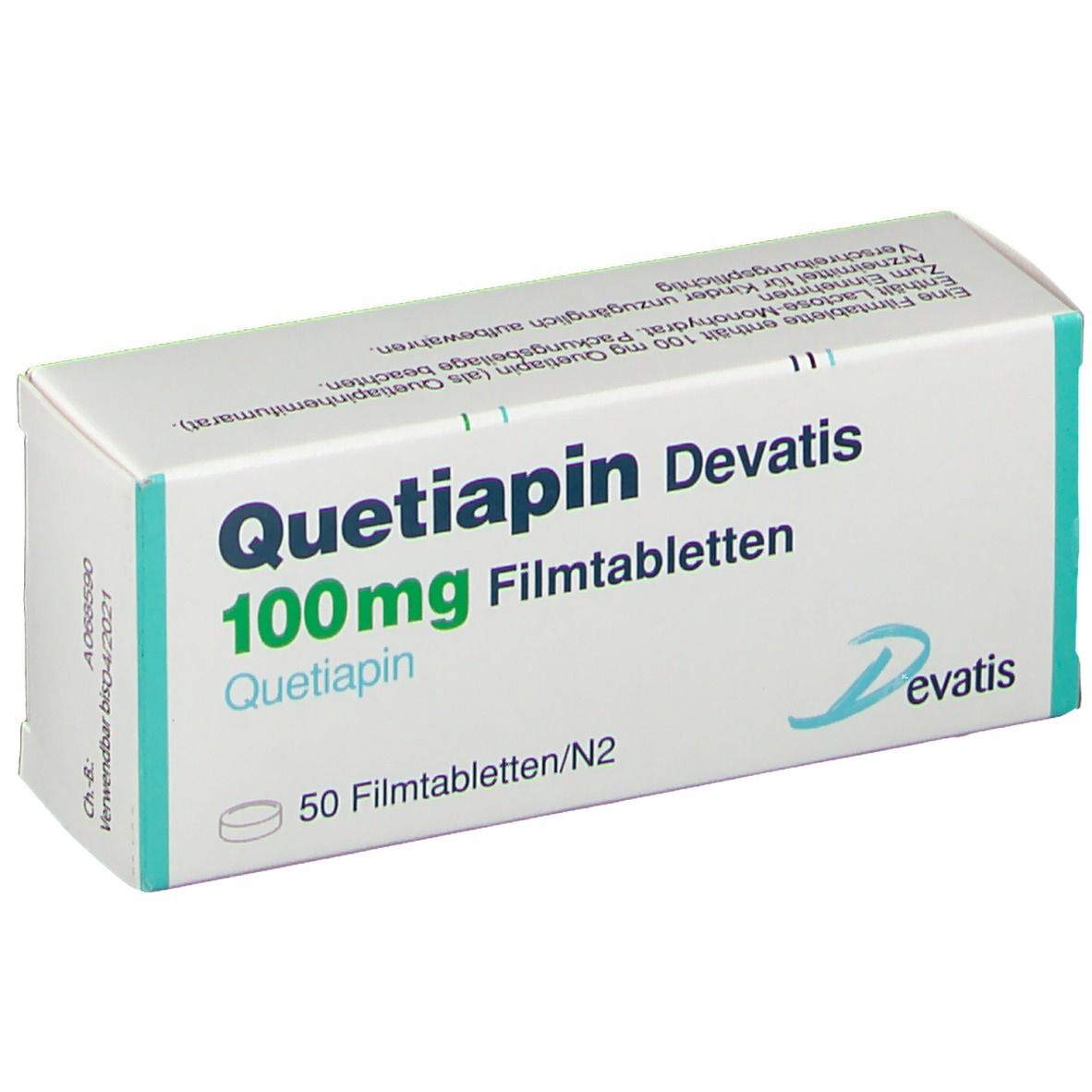 Schachtel mit QUETIAPIN Devatis 100 mg Filmtabletten. Aufschrift: 50 Filmtabletten/N2. Logo Devatis.