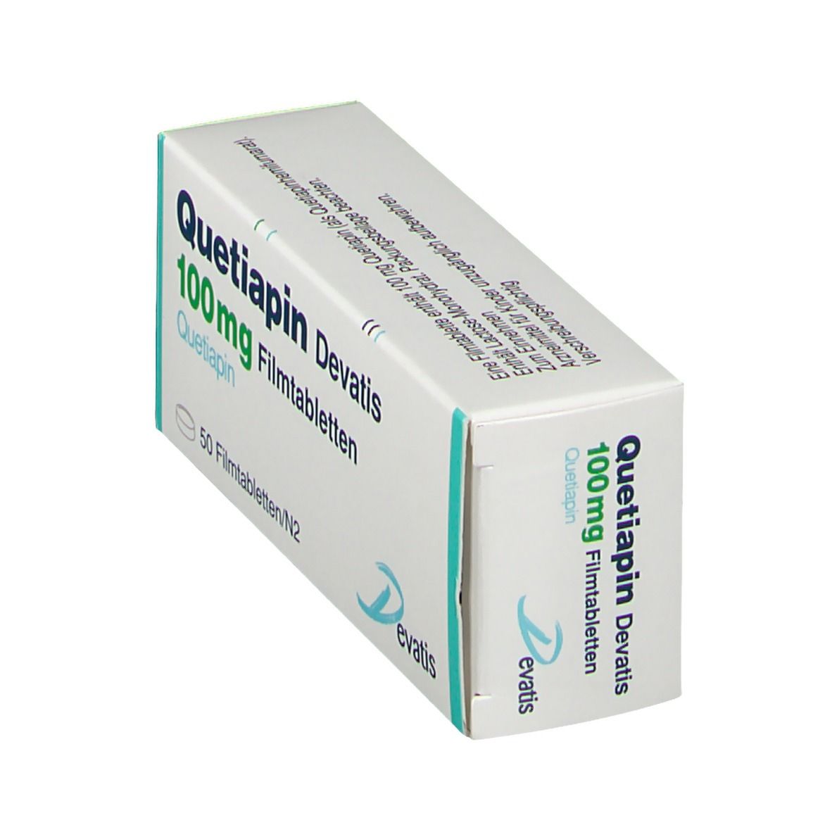 Schräg gestellte Schachtel mit QUETIAPIN Devatis 100 mg Filmtabletten. Aufschrift: 50 Filmtabletten/N2. Logo Devatis.