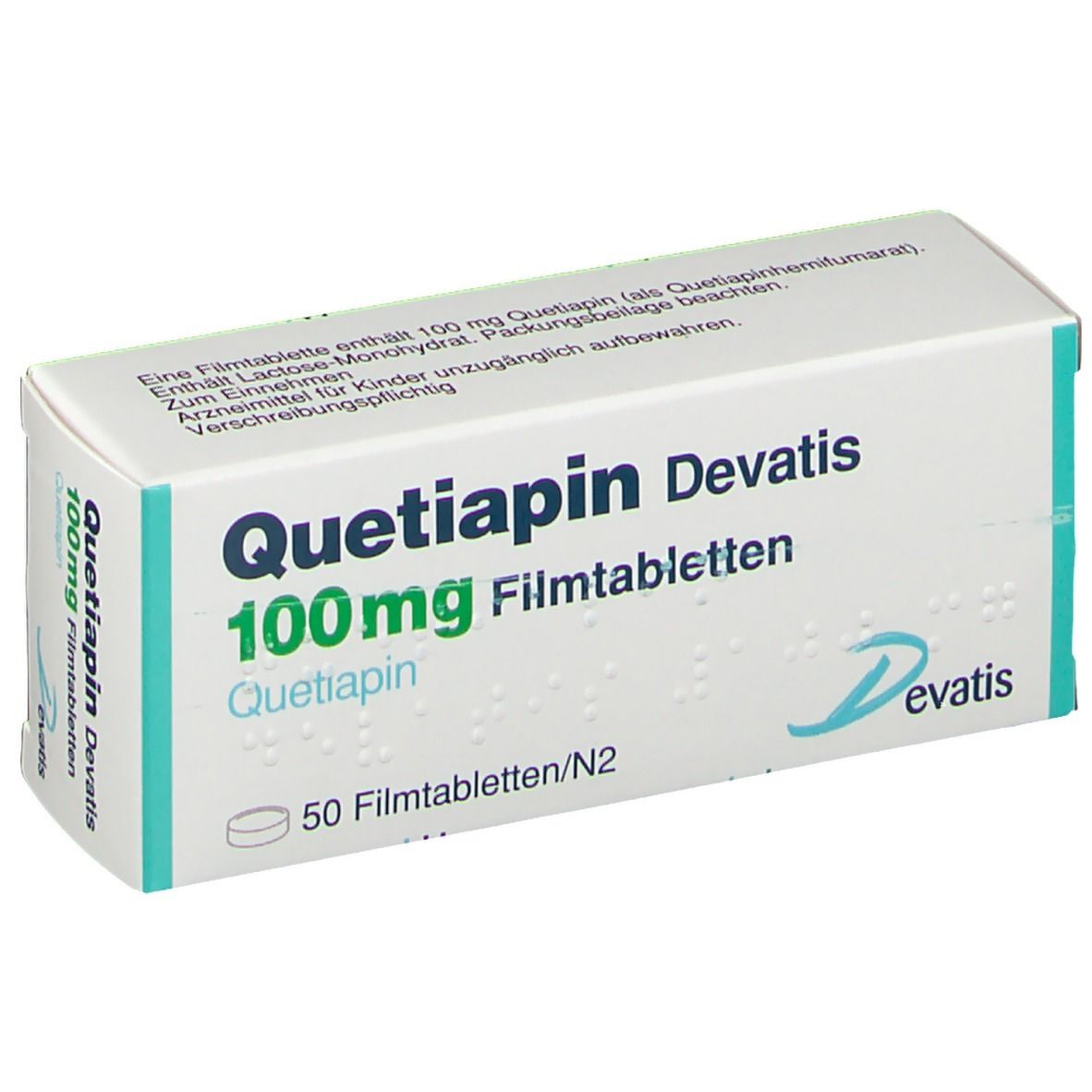 Schachtel mit QUETIAPIN Devatis 100 mg Filmtabletten. Aufschrift: 50 Filmtabletten/N2. Logo Devatis.