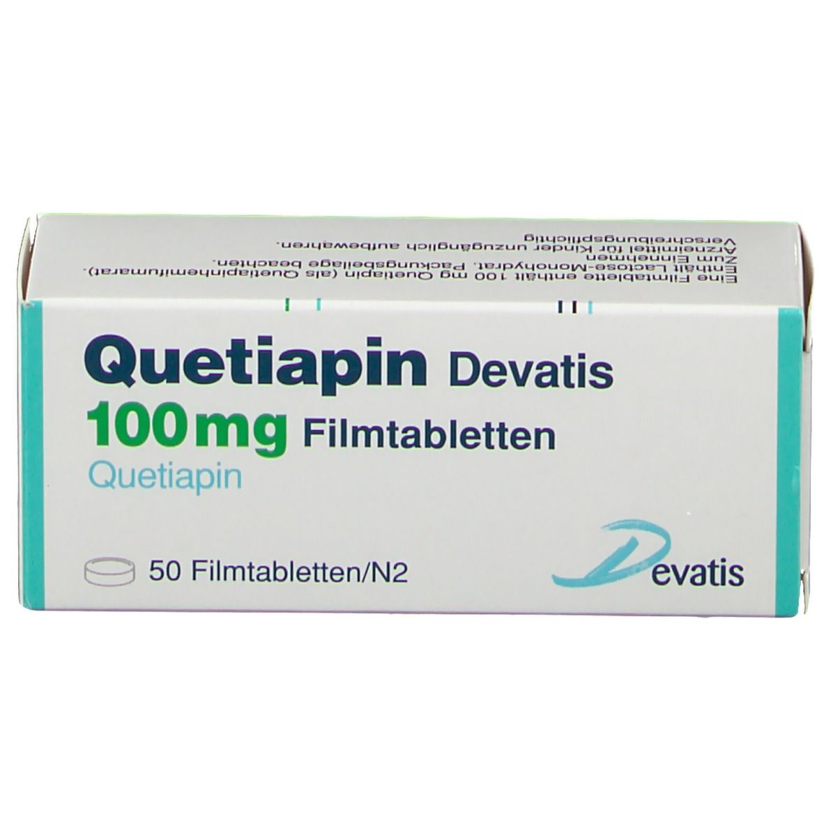 Schachtel mit QUETIAPIN Devatis 100 mg Filmtabletten. Aufschrift: 50 Filmtabletten/N2. Logo Devatis.