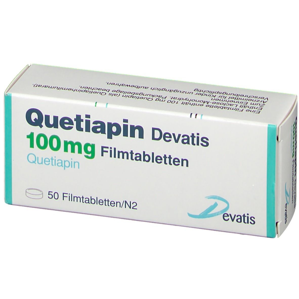 Schachtel mit QUETIAPIN Devatis 100 mg Filmtabletten. Aufschrift: 50 Filmtabletten/N2. Logo Devatis.