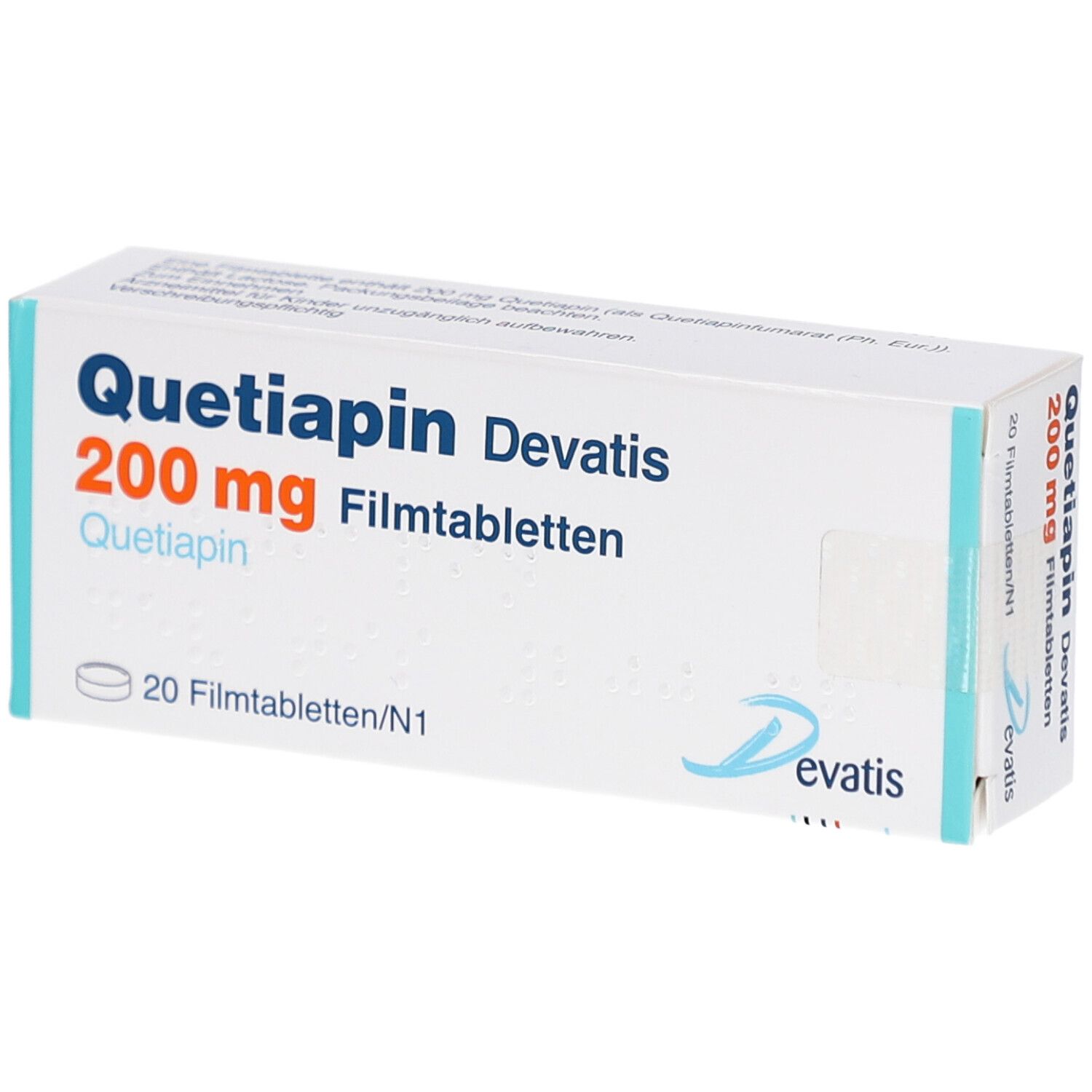 Schachtel mit Quetiapin Devatis 200 mg Filmtabletten. Aufschrift: 20 Filmtabletten. Marke Devatis.