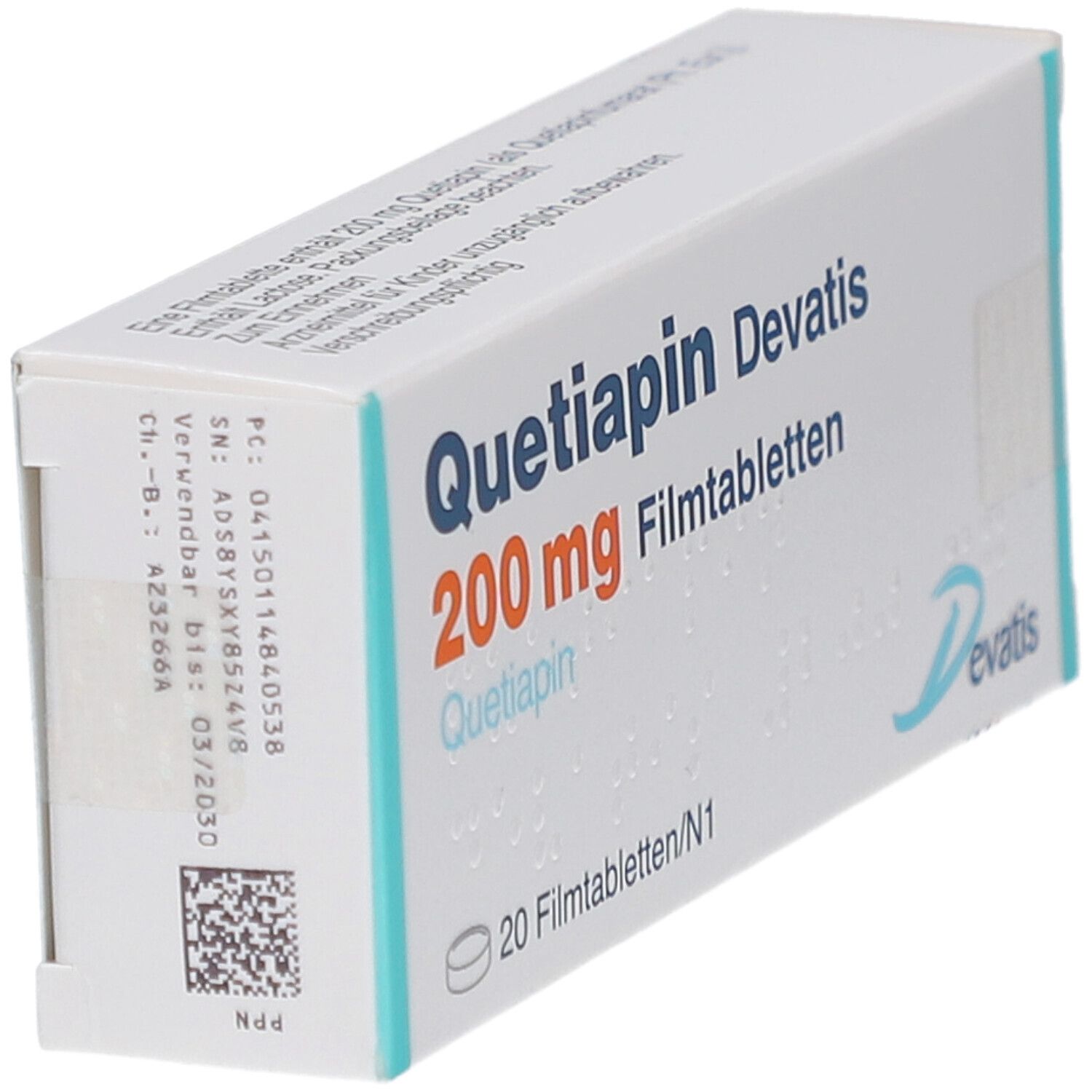 Schachtel mit Quetiapin Devatis 200 mg Filmtabletten. Aufschrift: 20 Filmtabletten. Marke Devatis. Detailansicht.
