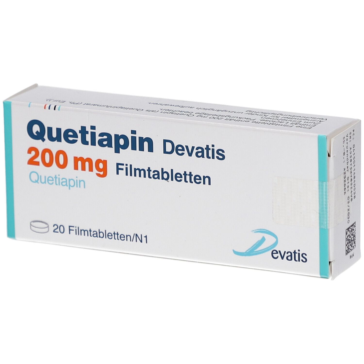 Schachtel mit Quetiapin Devatis 200 mg Filmtabletten. Aufschrift: 20 Filmtabletten. Marke Devatis. Perspektivansicht.