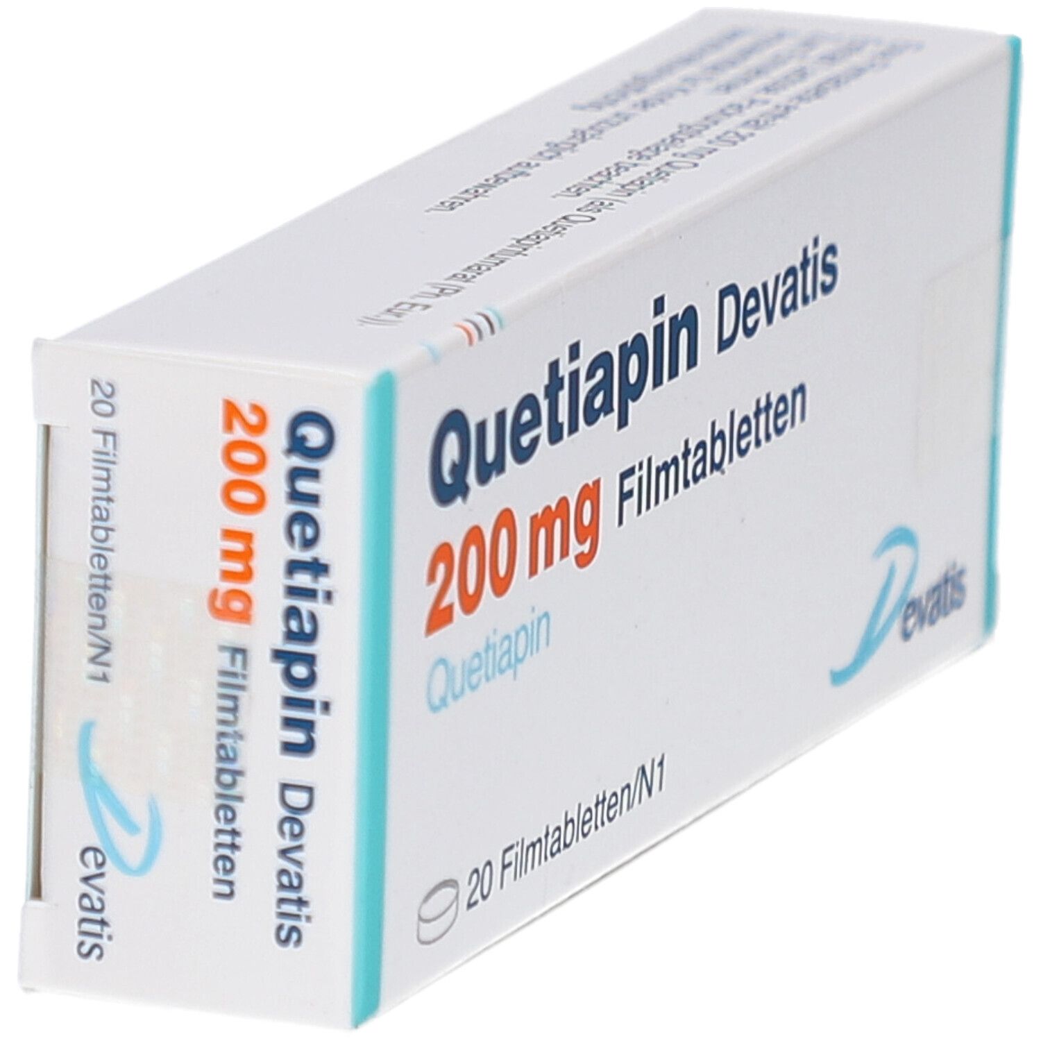 Schachtel mit Quetiapin Devatis 200 mg Filmtabletten. Aufschrift: 20 Filmtabletten. Marke Devatis. Schräge Ansicht.