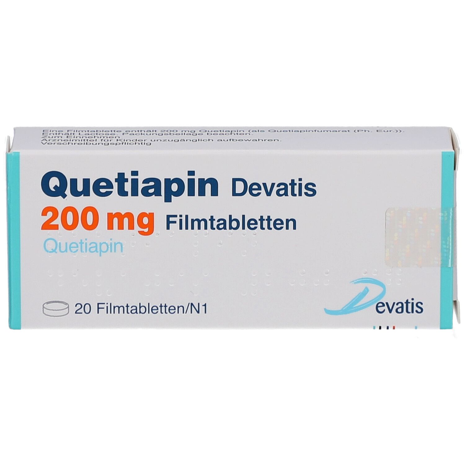 Schachtel mit Quetiapin Devatis 200 mg Filmtabletten. Aufschrift: 20 Filmtabletten. Marke Devatis. Draufsicht.