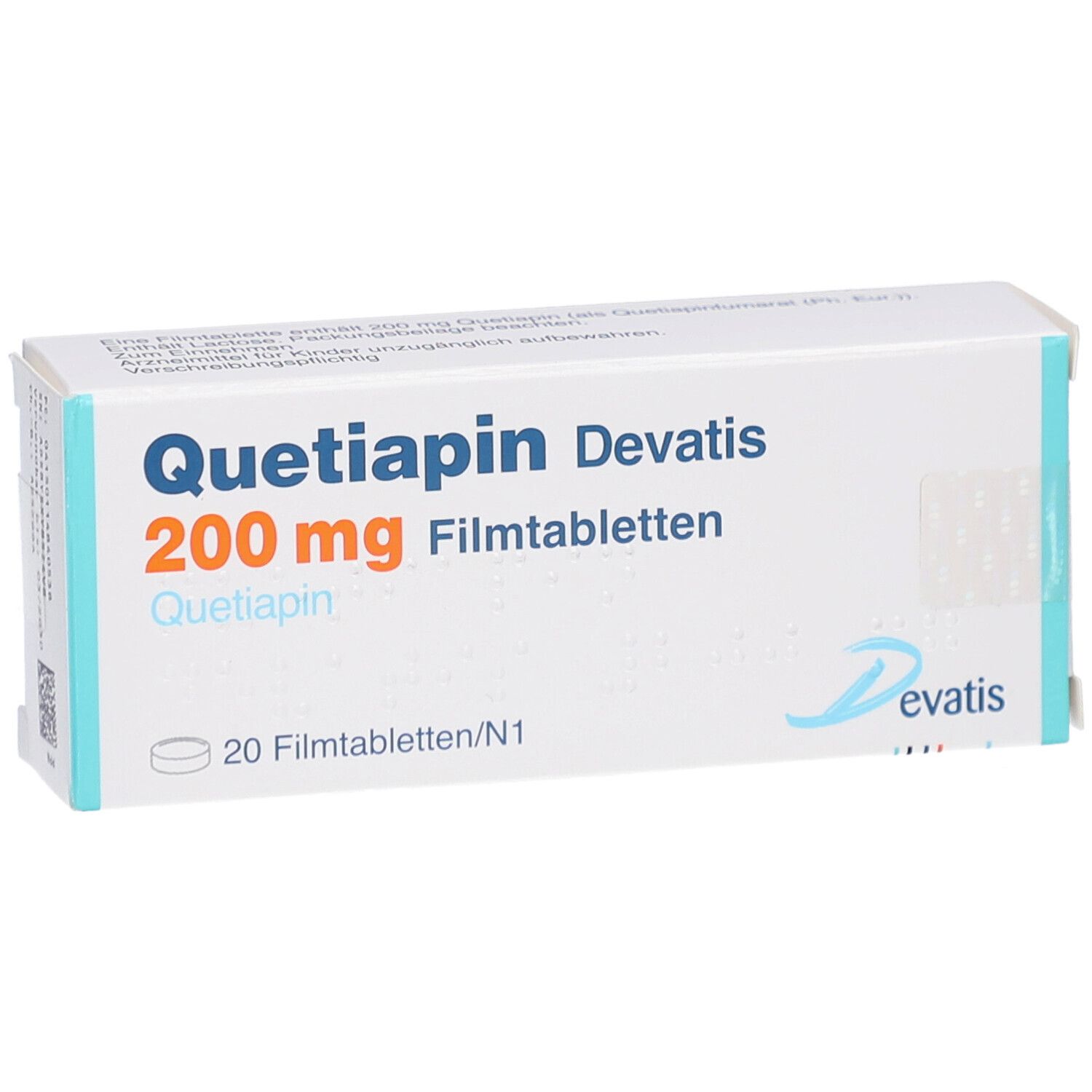 Schachtel mit Quetiapin Devatis 200 mg Filmtabletten. Aufschrift: 20 Filmtabletten. Marke Devatis.