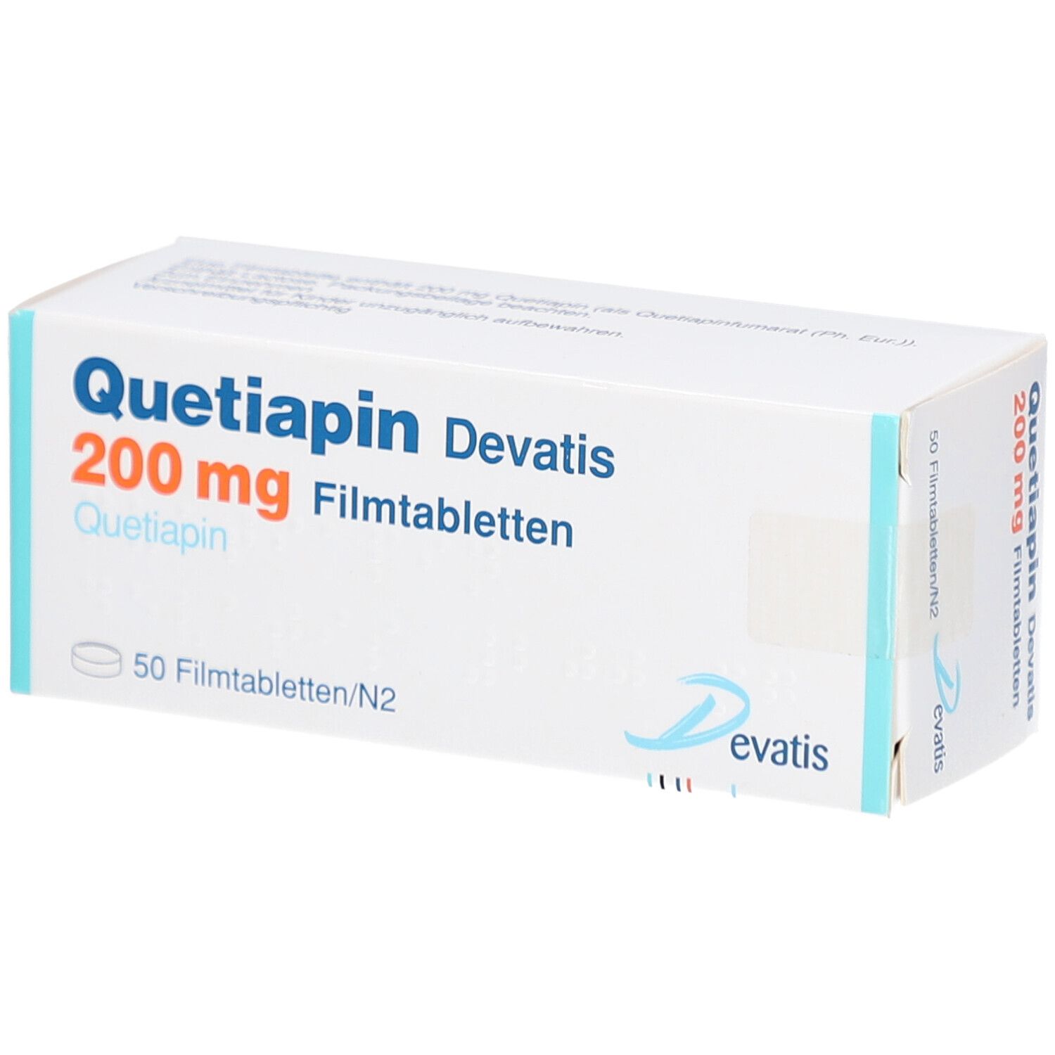 Schachtel mit Aufschrift: Quetiapin Devatis 200 mg Filmtabletten. 50 Filmtabletten. Logo Devatis.