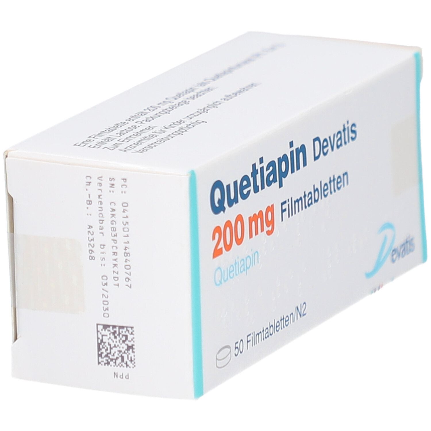 Schachtel mit Aufschrift: Quetiapin Devatis 200 mg Filmtabletten. 50 Filmtabletten. Logo Devatis. Barcode.