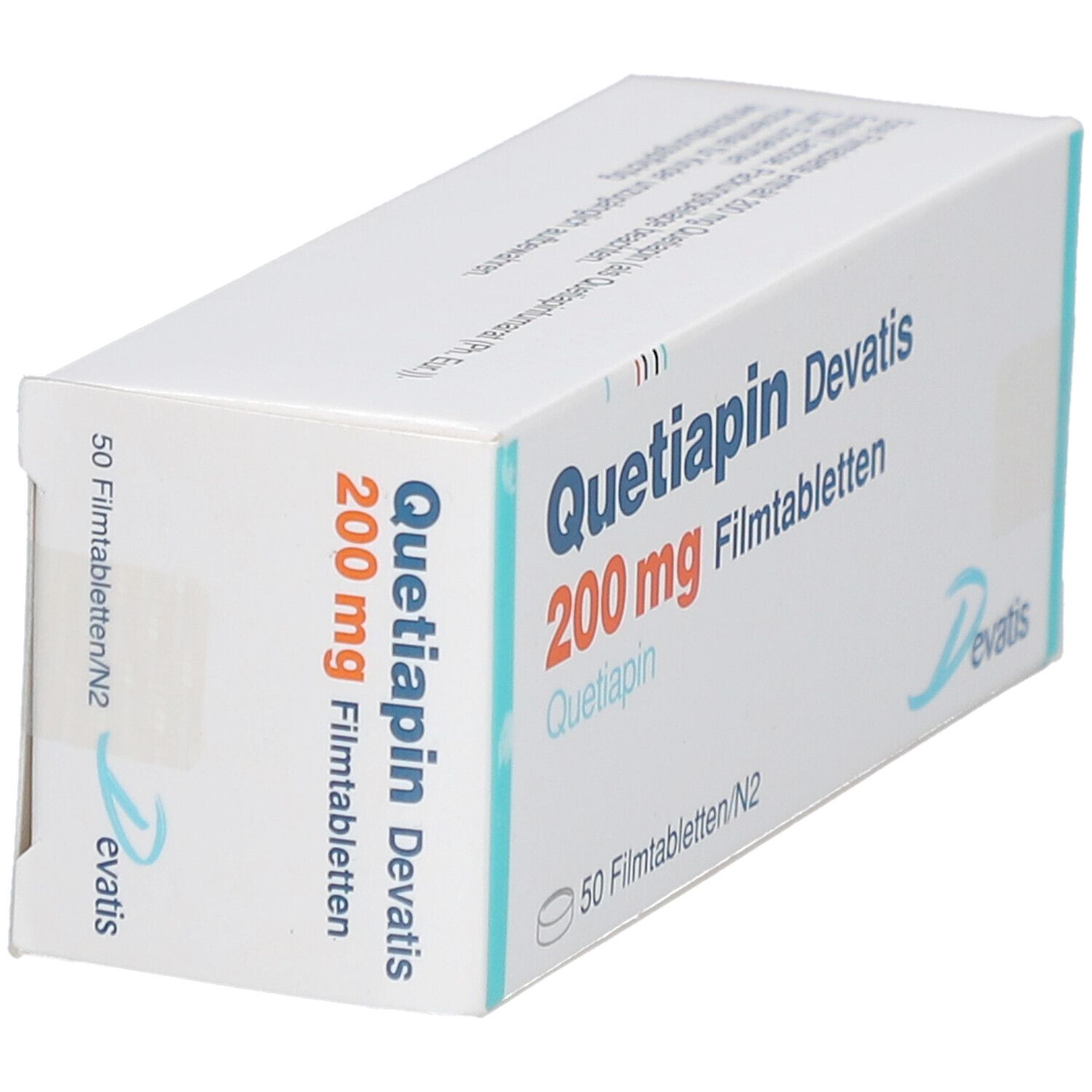 Schachtel mit Aufschrift: Quetiapin Devatis 200 mg Filmtabletten. 50 Filmtabletten. Logo Devatis.