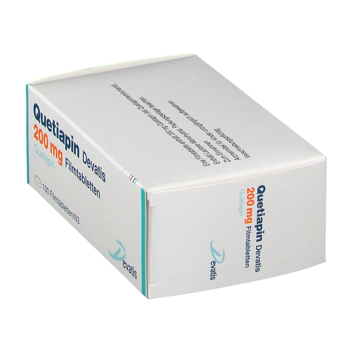 Schachtel "Quetiapin Devatis 200 mg Filmtabletten". Weiße Schachtel, blaue und grüne Akzente, Logo "Devatis".